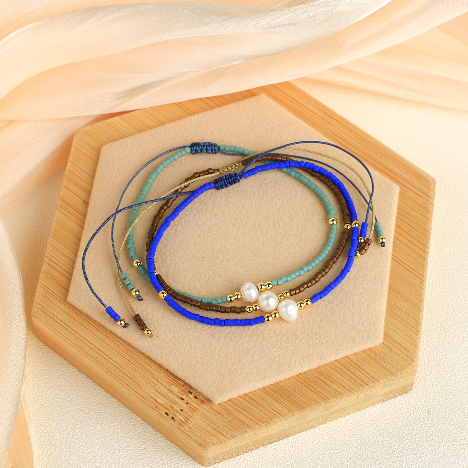 KELITCH 3-Piece Natural Pearl Bracelet Set for Women - Dainty Thin Rope Friendship Bracelets, Handmade Stackable Charm Bracelets - Perfect for Gifts, Layering & Everyday Wear
