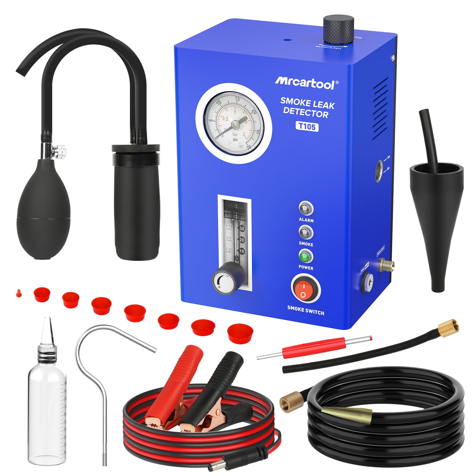 MR CARTOOL T105 Automotive Smoke Machine Leak Tester Kit - 12V DC Smoke Tester with Built-in Air Pump & Pressure Gauge - Vacuum Diagnostic Detector for Car AC System, EVAP, Fuel System & Engine Leak Detection (Ideal for Mechanics & DIY Auto Repair)