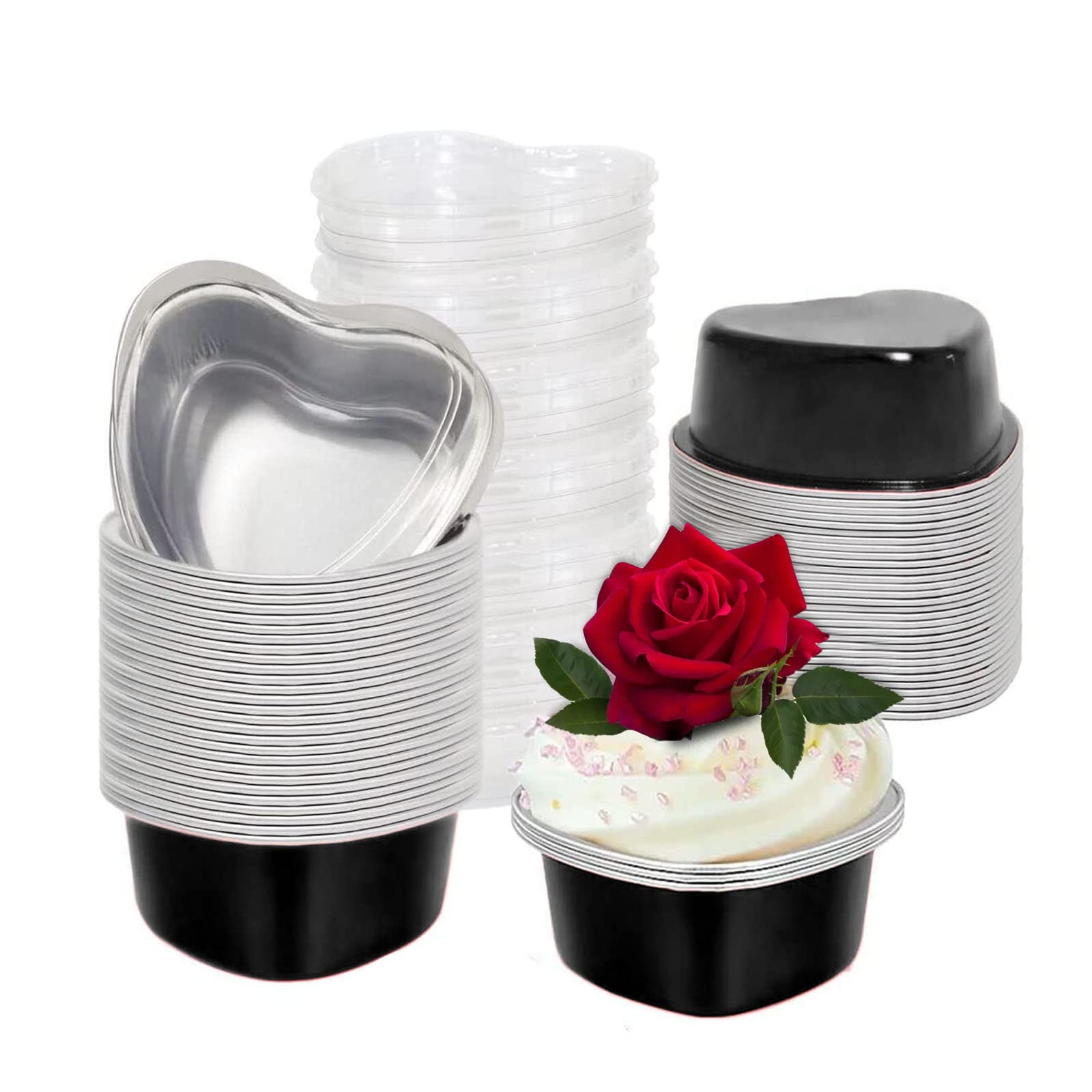 Reybelola 50-Pack Heart Shaped Cake Pans with Lids - Disposable Aluminum Foil Baking Cups for Valentine's Day, Weddings & Birthdays - Perfect for Cupcakes, Desserts & Party Favors (Black, One Size)