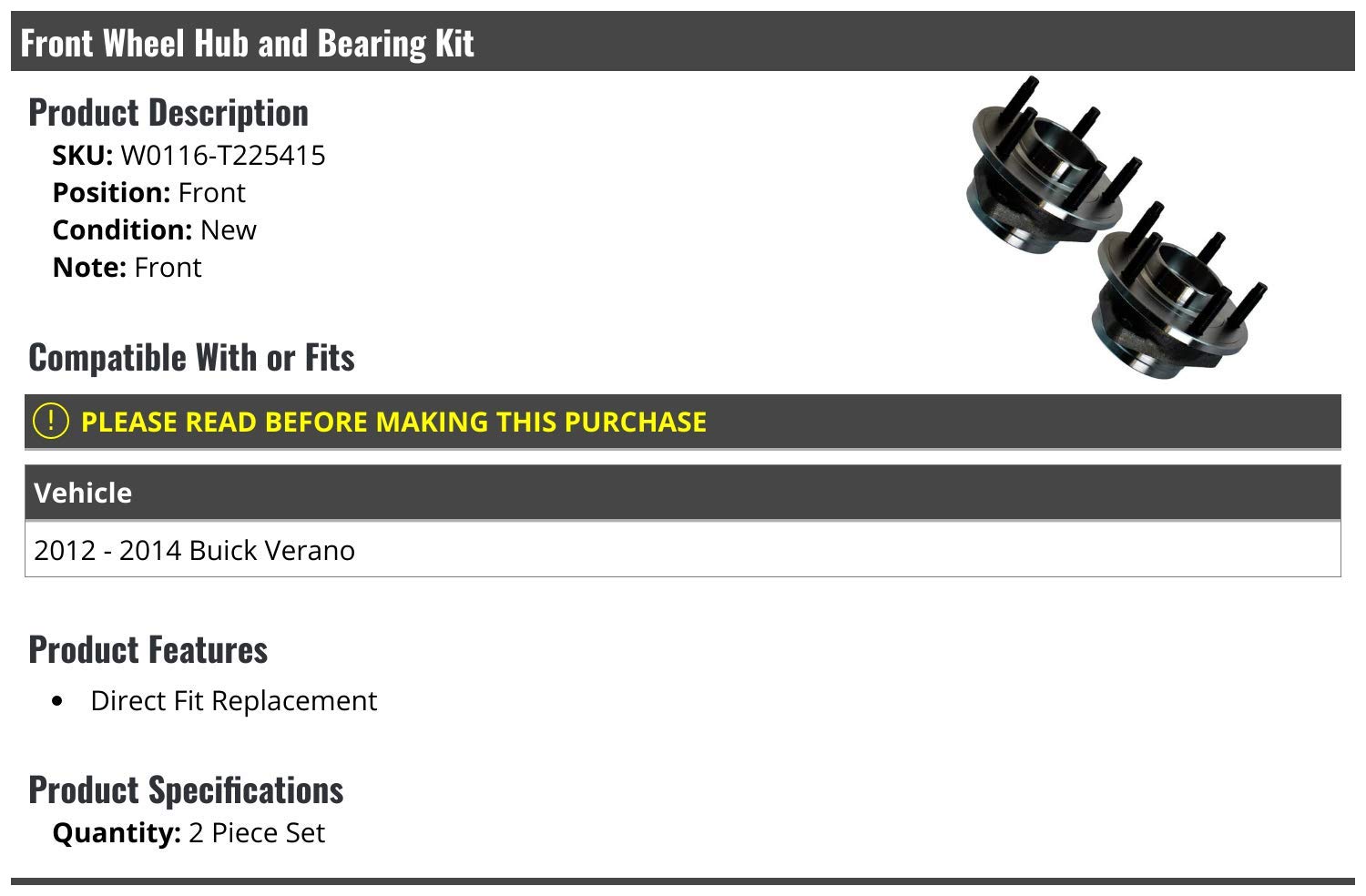 Front Wheel Hub and Bearing Assembly 2-Piece Kit - Replacement for 2012-2014 Buick Verano | Durable OEM Quality | Perfect for Smooth Ride & Wheel Maintenance