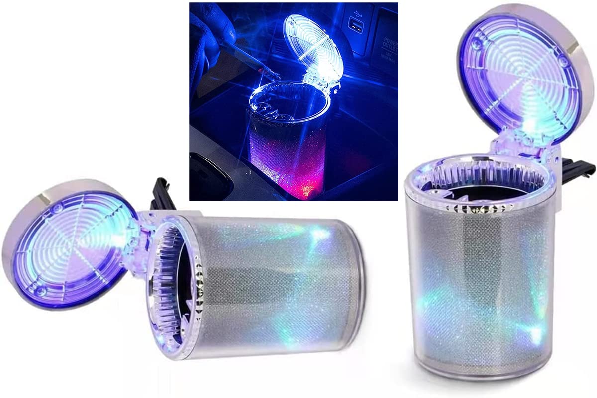 2PCS Portable Smokeless Car Ashtray with Lid - Odor Proof & Easy Clean Detachable Cigarette Tray with LED Light for Most Car Cup Holders (Colorful) | Perfect for Road Trips, Commuting & Smoking in Vehicles