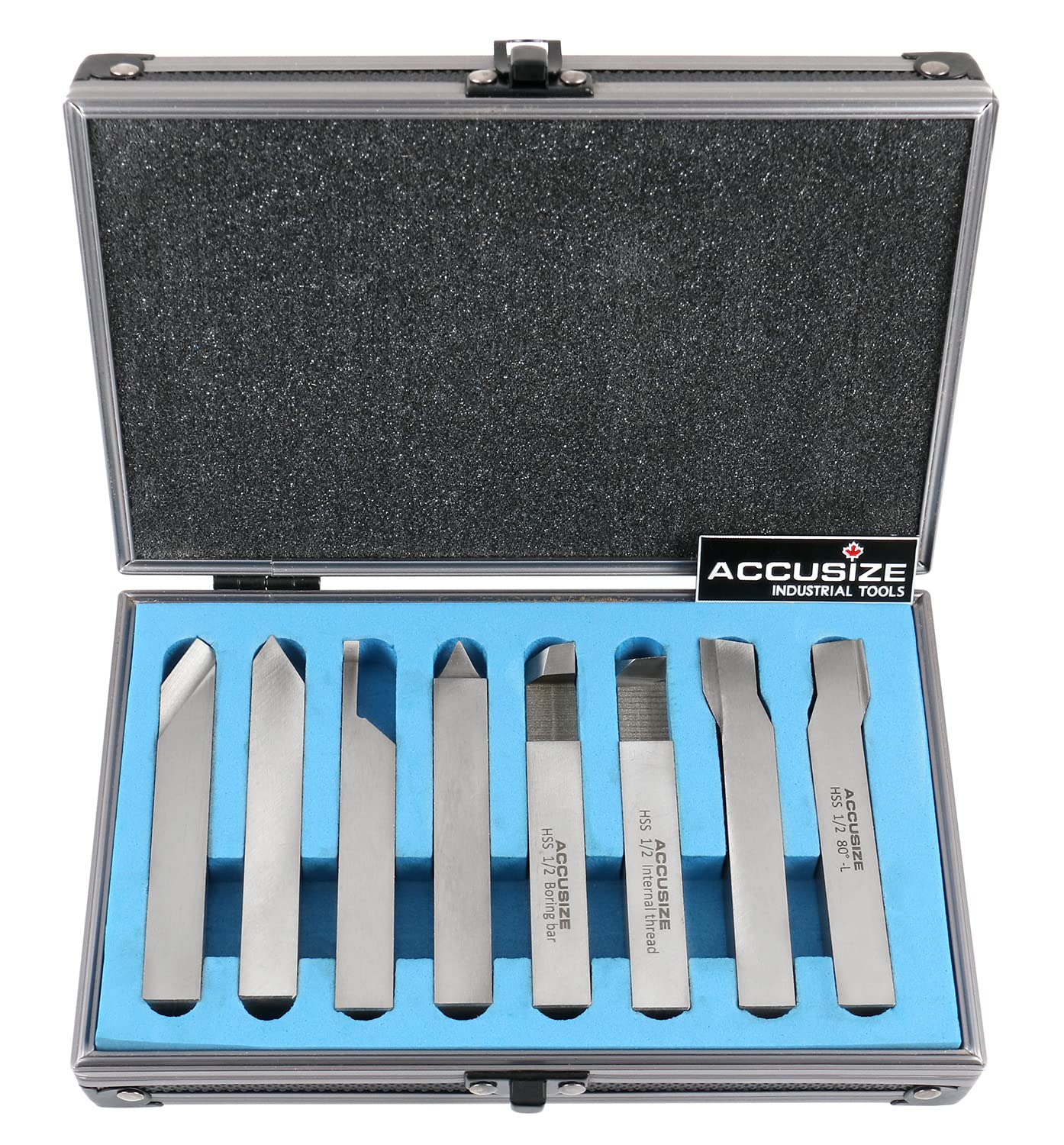 Accusize 1/2'' 8-Piece HSS Tool Bit Set for Lathe Turning & Facing - Pre-Ground High Speed Steel Cutting Tools (2662-2004) - Perfect for Metalworking, DIY Projects & Machine Shop Use