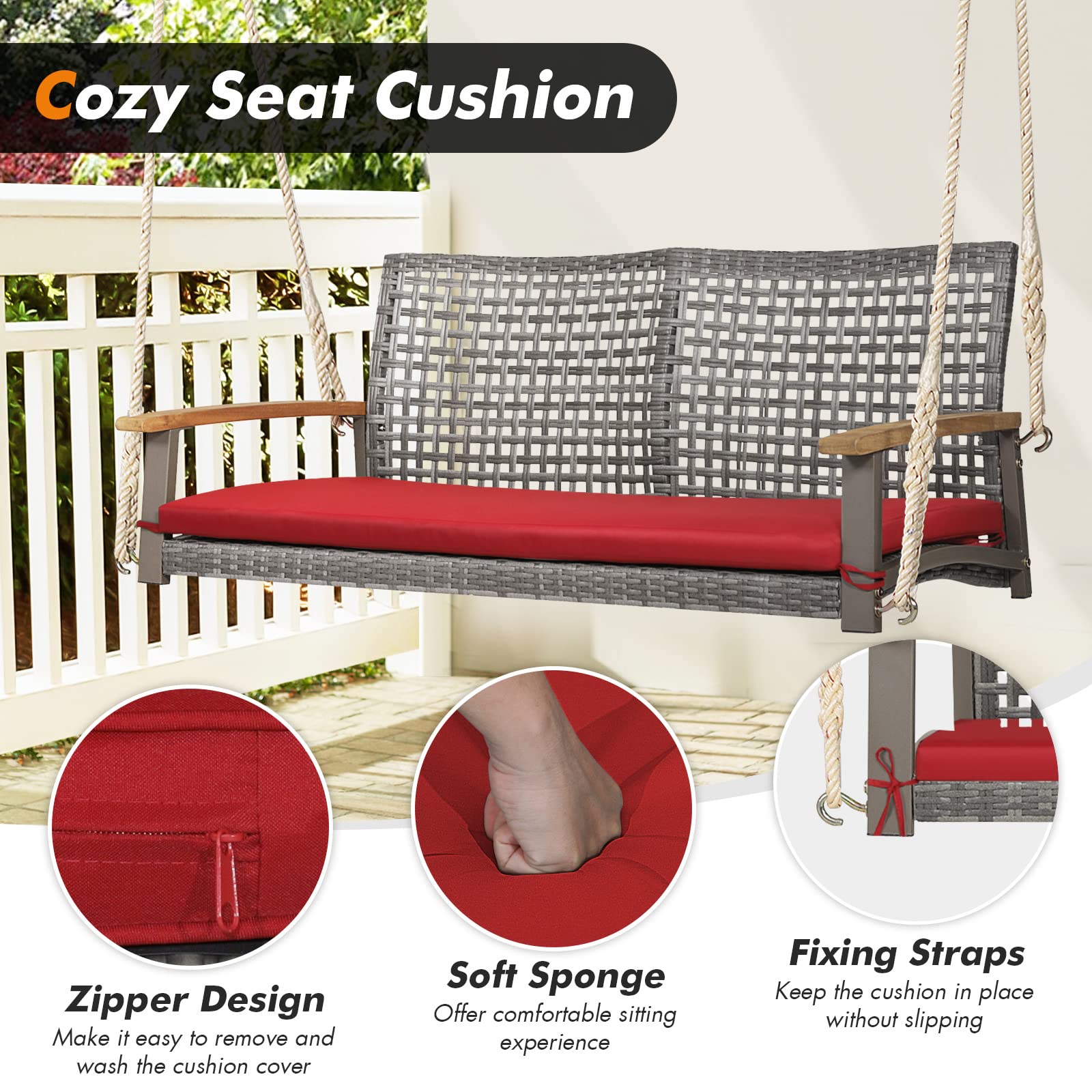 Happygrill 2-Person Outdoor Rattan Swing Chair with Acacia Wood Armrests - 118