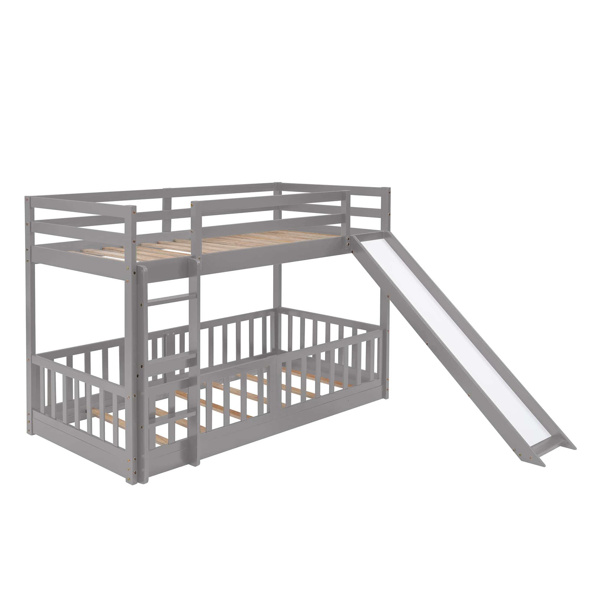 Twin Over Twin Bunk Bed with Slide and Ladder - Wooden Low Loft Bed Frame for Kids, Toddlers, Boys & Girls - Space-Saving Gray Bedroom Furniture for Small Rooms, Kids' Bedrooms & Sleepovers