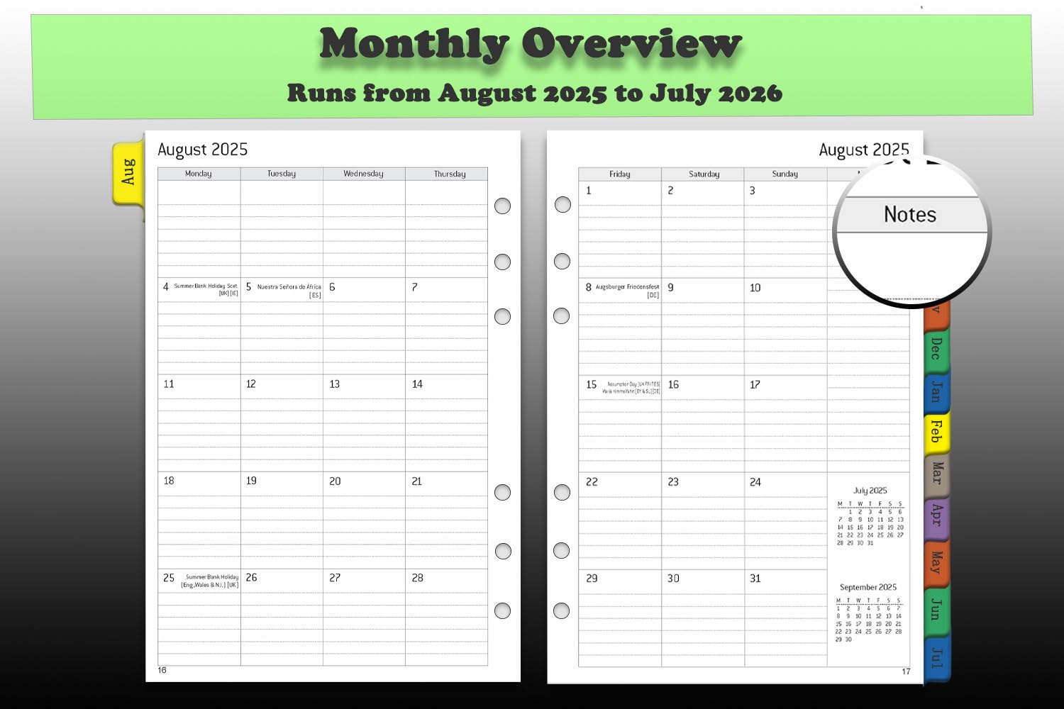 A5 Refillable Academic Diary 2025-2026 - 6-Hole Weekly Planner Inserts with Monthly Tabs | 1 Week on 2 Pages Organizer | Extra Notes, Contact & Timetable Sections | August 2025 to July 2026 | Perfect for Students, Teachers & Office Professionals