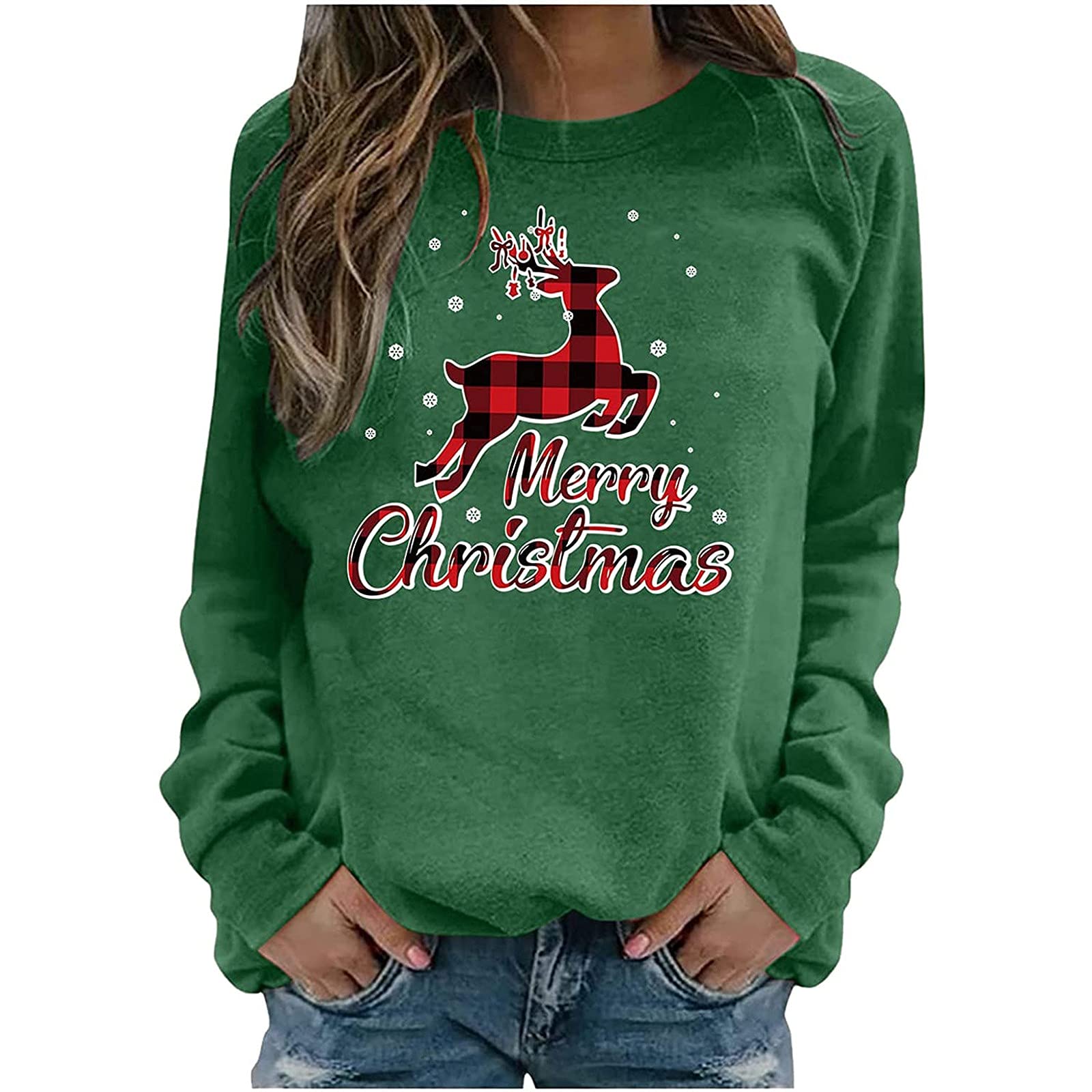 Women's Merry Christmas Tops - Festive Elk Print Long Sleeve T-Shirt & Pullover Sweatshirt | Cozy Crewneck Loose Fit Holiday Shirts for Casual Wear, Xmas Parties & Family Gatherings