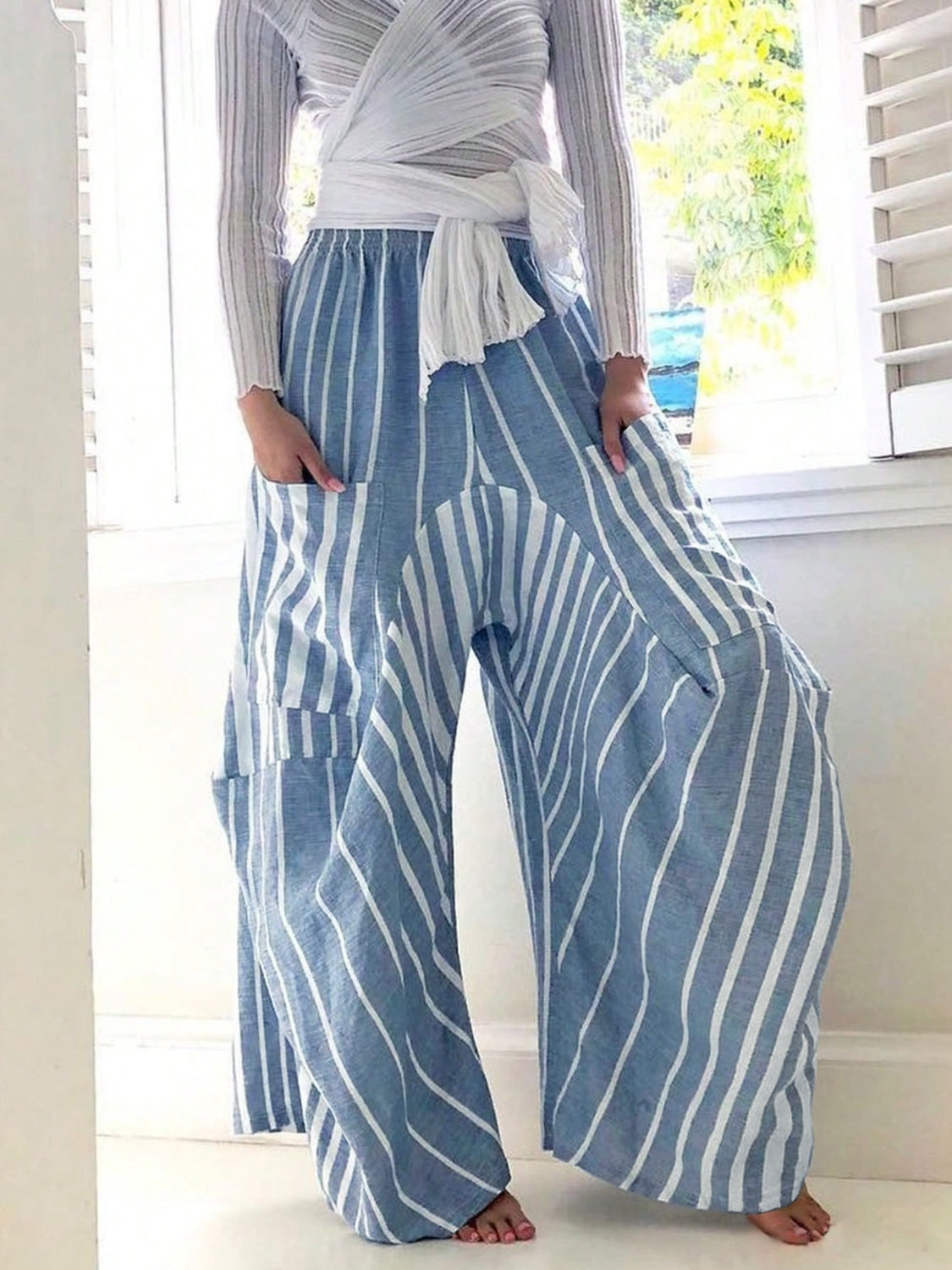 Breathable Striped Elastic Waist Wide Leg Beach Pants for Women - Comfortable Summer Vacation, Yoga, and Casual Wear