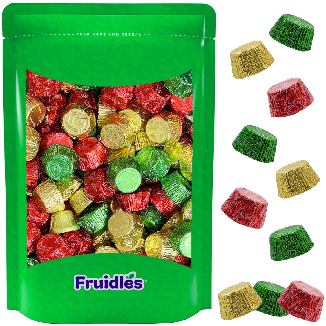 Premium Fruidles Christmas Peanut Butter Cups - Kosher Certified Milk Chocolate Candy, Individually Wrapped for Parties, Resealable 1lb Bag - Perfect for Holiday Gifts, Stocking Stuffers & Office Treats