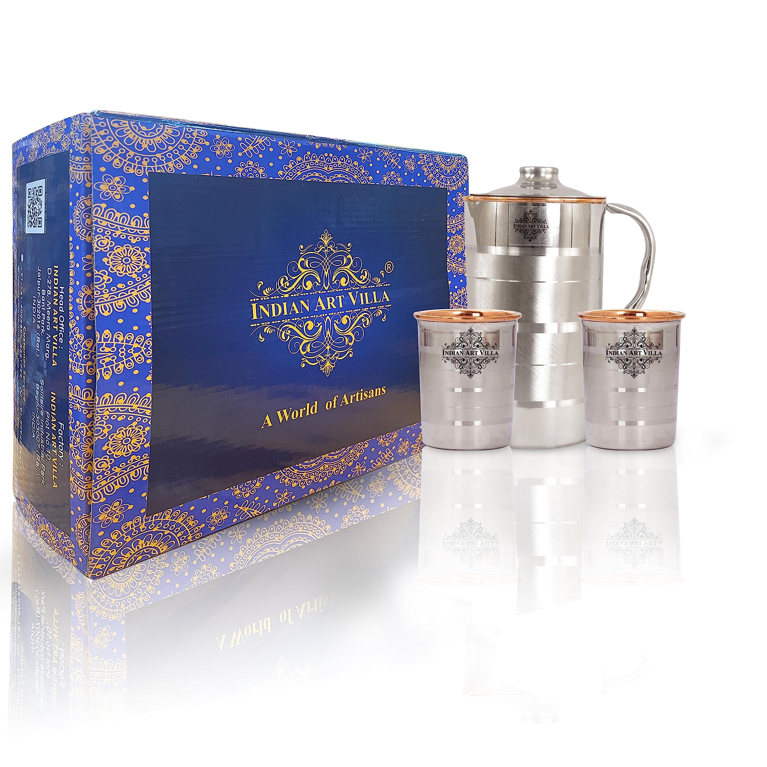 Luxury Indian Art Villa Steel Copper Drinkware Set - 1 Jug (50 Oz) & 2 Glasses (10 Oz) with Elegant Black Gift Box | Perfect for Diwali, Birthday Parties, Weddings & Home Decor | Premium Handcrafted Barware for Cocktails, Juice & Water Serving