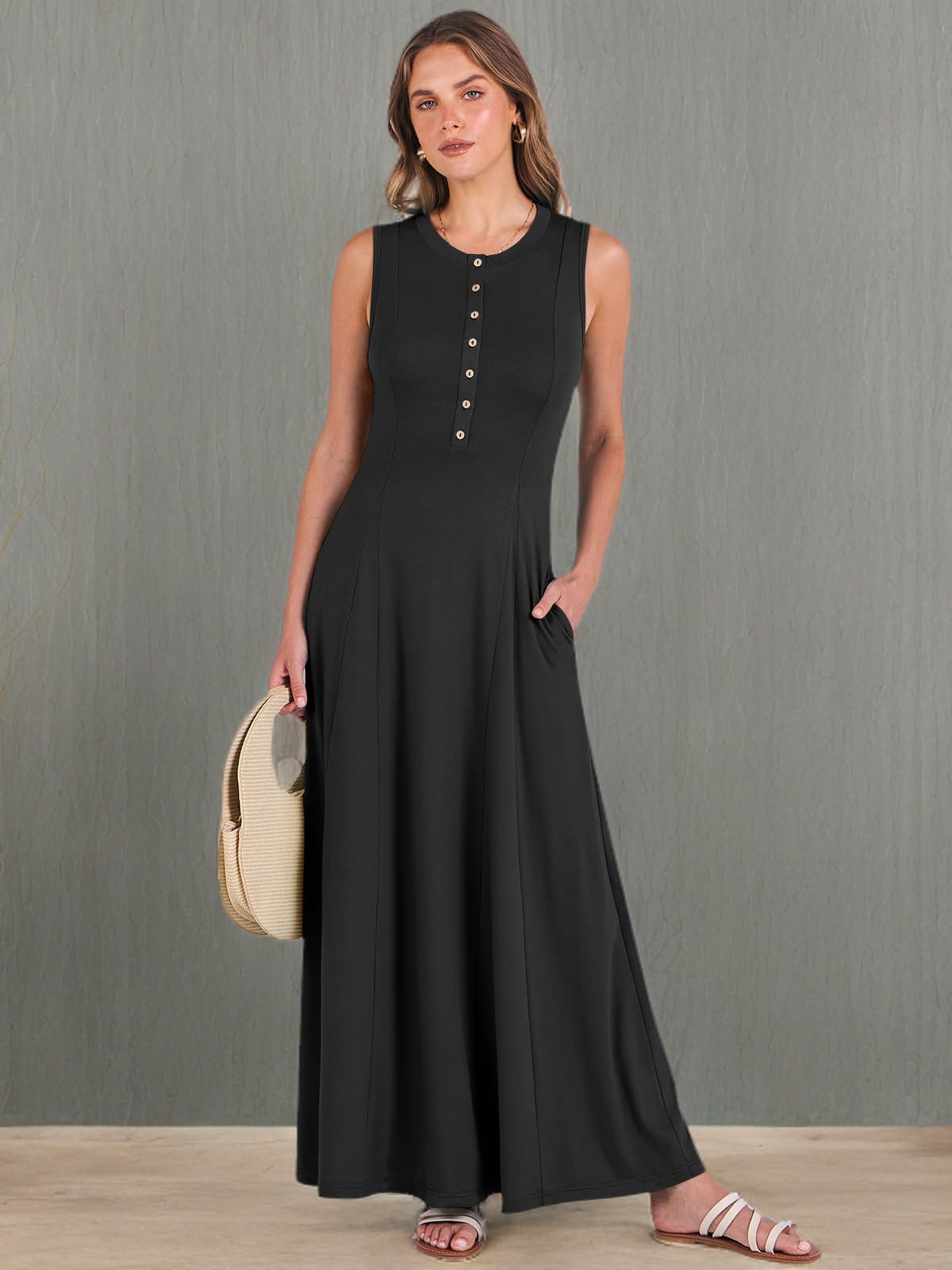 ANRABESS Women's Summer Sleeveless Maxi Sundress - Button Front Fit & Flare A-Line Flowy Long Dress for Beach, Vacation & Casual Outfits | 2025 Fashion Trendy Boho Style