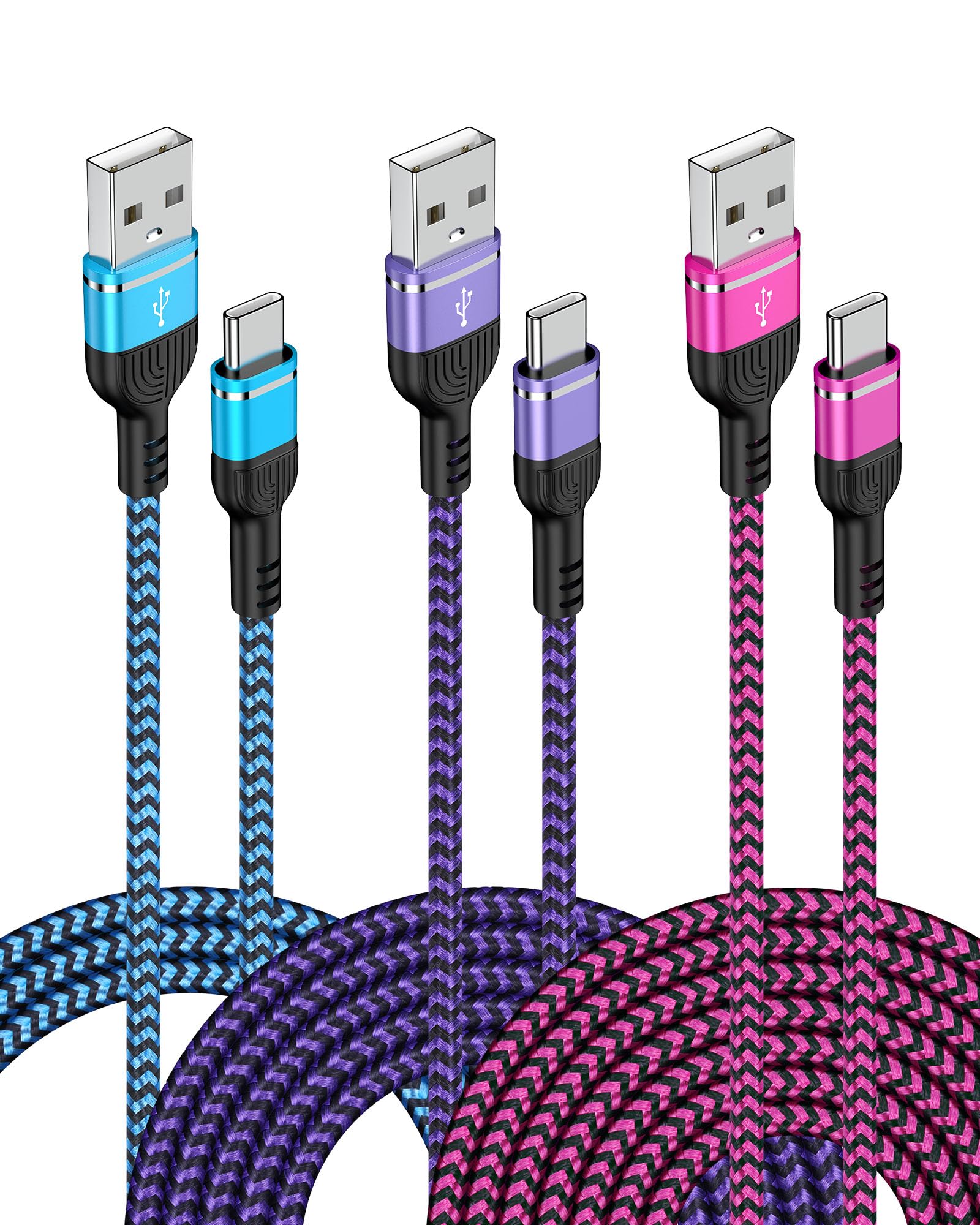 3-Pack 3/6/10 FT USB-C Fast Charging Cables - Compatible with iPhone 16/16 Pro/16 Pro Max/15 Plus, Samsung Galaxy A16/A15 5G/S25/S24 Ultra, Google Pixel 9 Pro XL/8 Pro/7/7a & More - Durable Type-C Charger Cord for Home, Office & Travel