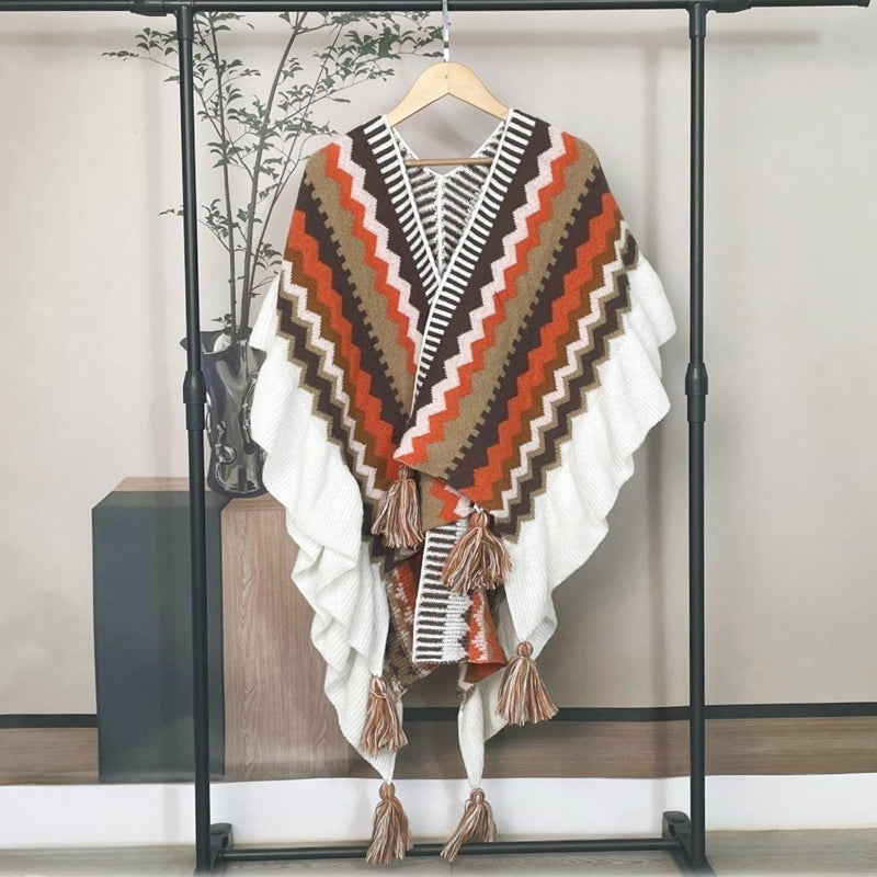 Stylish Long Wool Knitted Cape - Ethnic Inspired Winter Shawl Wrap for Women | Perfect for Outdoor Events, Parties & Cold Weather Fashion