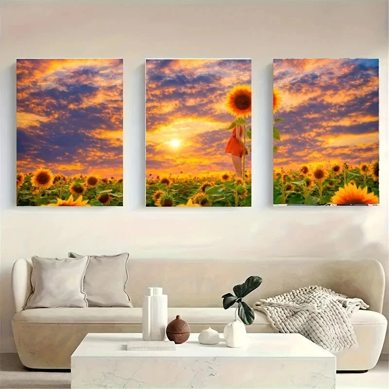 3-Piece Sunflower Field Metal Wall Art - Ready to Hang Landscape Prints for Living Room, Bedroom & Office Decor