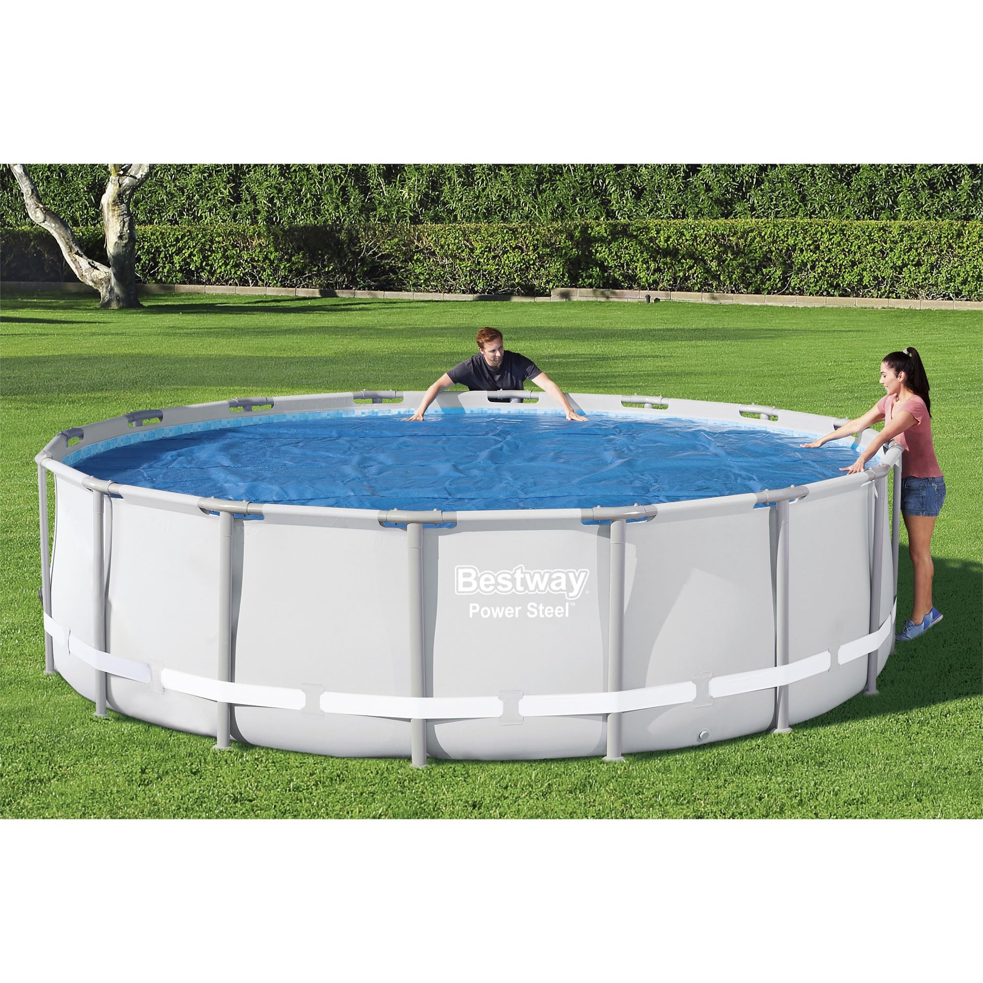 Bestway Flowclear 15-16 Foot Round Solar Heat Pool Cover for Above Ground Swimming Pools - Blue (Cover Only) with Storage Bag | Energy-Efficient Solar Heating | Extend Pool Season | Perfect for Backyard, Family, and Summer Fun