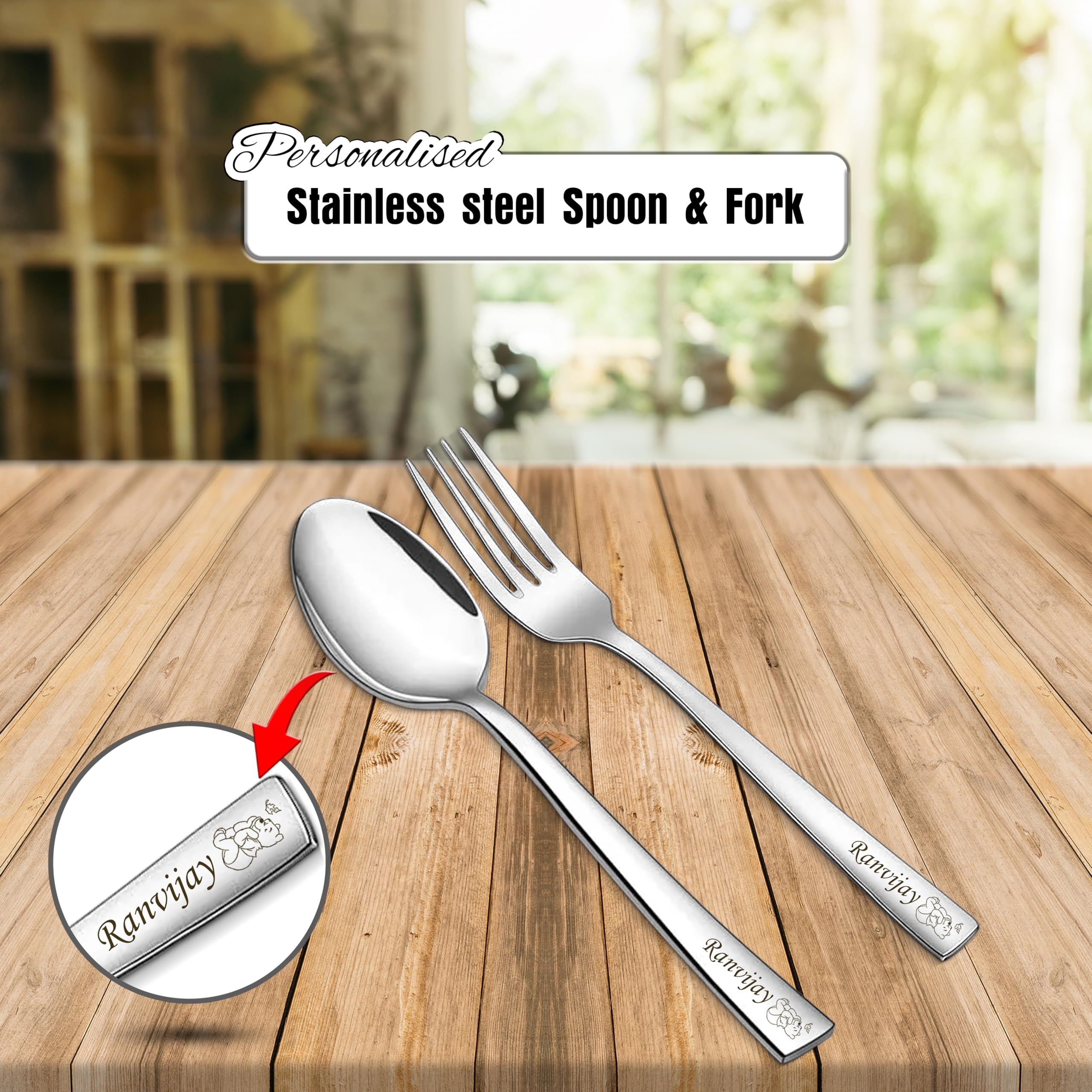 Personalized Stainless Steel Spoon & Fork Set with Name & Character Engraving - Kids Favorite Design for Lunch Box, Office, Birthday & Corporate Gifts | Durable Cutlery for Home, School & Travel
