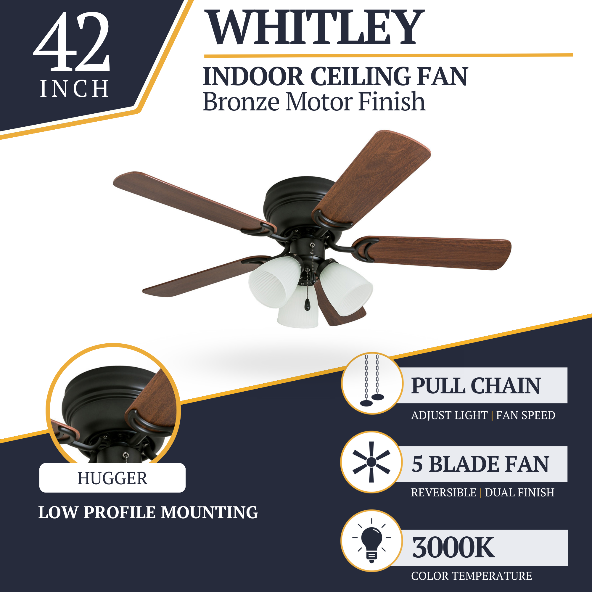 42 Inch Whitley Bronze Ceiling Fan with Pull Chain - Energy Efficient Indoor Cooling for Living Room, Bedroom & Office