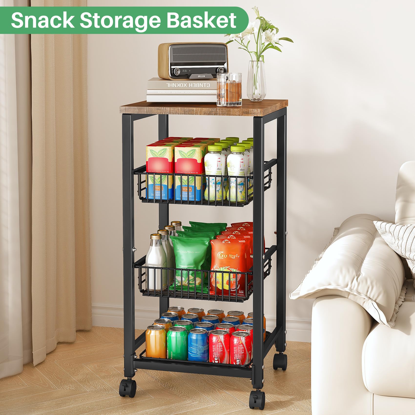 SNTD Pull Out Metal Wire Basket with Wood Top - Kitchen Pantry Organizer for Fruits, Vegetables, Onions, Potatoes & Snacks | Space Saving Storage Solution for Countertop, Cabinet or Pantry