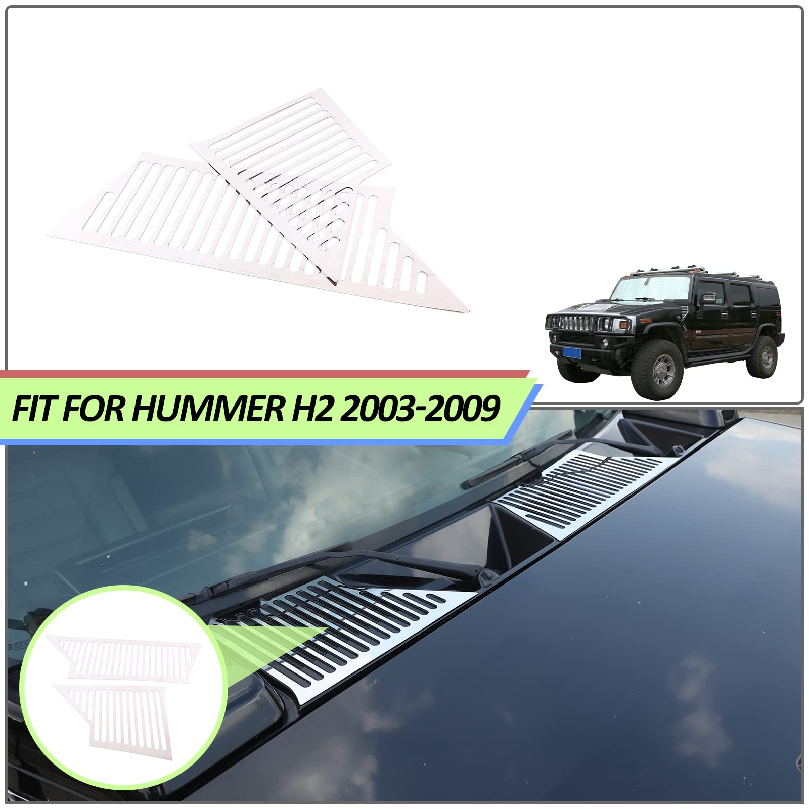 Hummer H2 2003-2007 Car Hood Vent Panel Decorative Mesh Net - Stainless Steel Hood Air Vent Protective Cover & Trim Accessories (2PCS) - Off-Road Style Upgrade & Engine Heat Dissipation