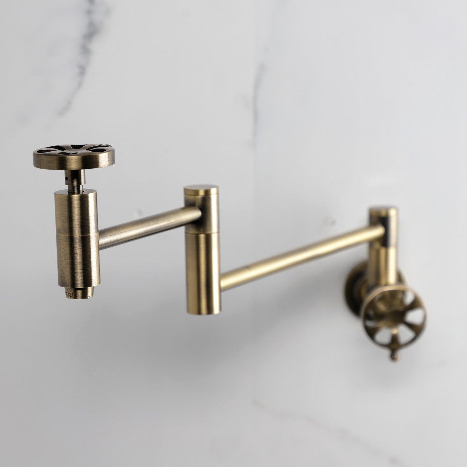 Belknap KS8103RX Two Handle Wall Mount Pot Filler Faucet in Antique Brass - Perfect for Kitchen Sink, Stove, and Cooking Area Installation