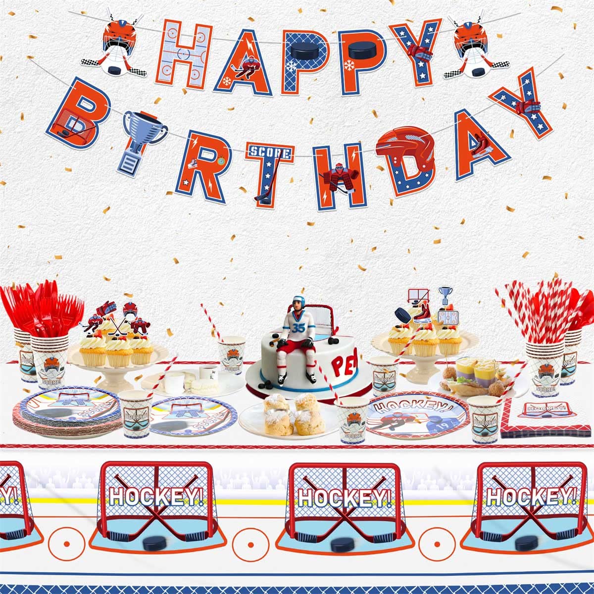 Hockey Party Supplies 61 Pcs - Plates, Napkins, Tablecloth Set for Kids Birthday & Game Day Celebration - Serves 20 Guests - Perfect for Hockey Themed Parties, Sports Events & Fan Gatherings