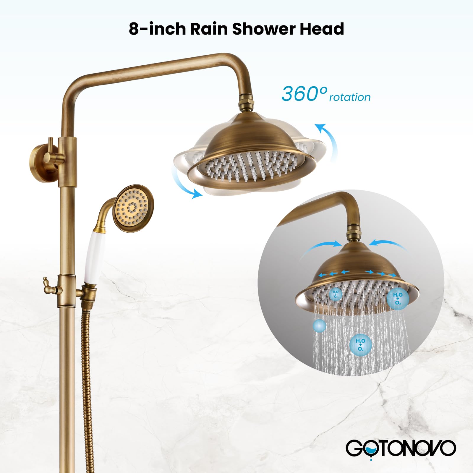 Gotonovo 8 Inch Antique Brass Shower System - Rainfall Shower Head & Handheld Spray Combo with Double Cross Handle - Wall Mount Bathroom Faucet for Luxurious Spa Experience
