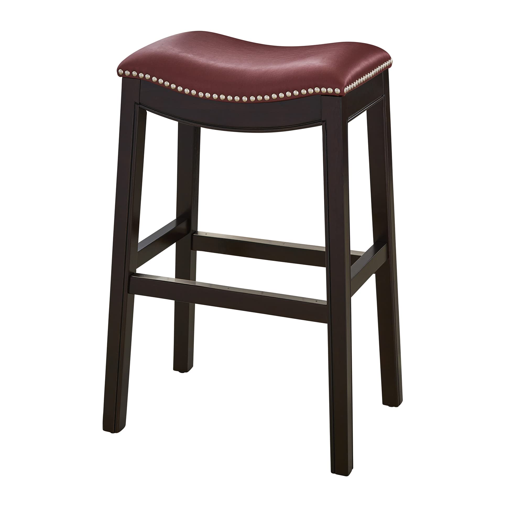 Julian 31in Bar-Height Backless Wood Saddle-Seat Barstool - Espresso Frame with Red Upholstered Seat - Perfect for Kitchen Islands, Breakfast Bars & Home Decor