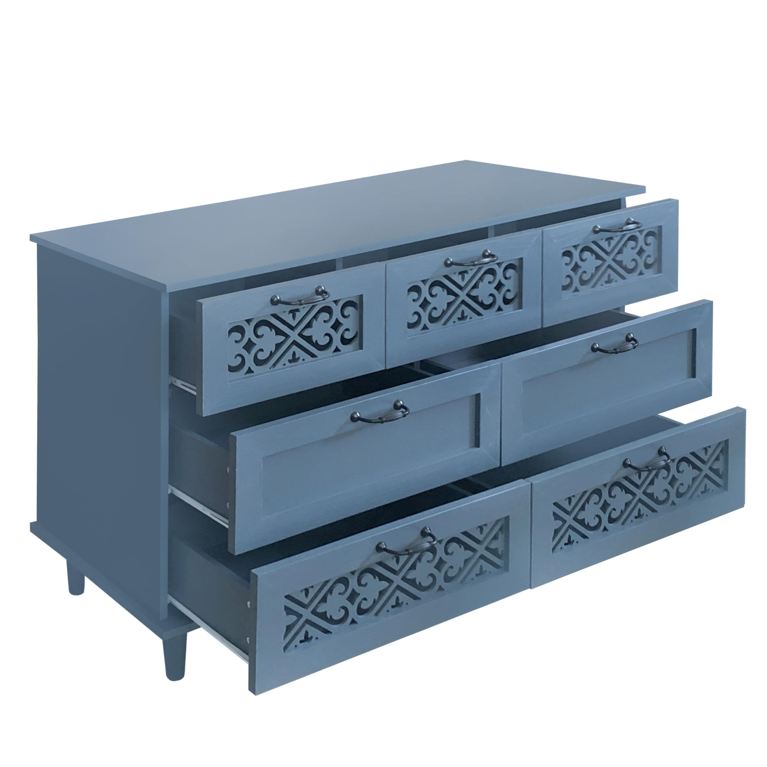 Solid Wood Sideboard Buffet Cabinet with 7 Drawers - Storage Console Table Dresser for Living Room, Bedroom, Entryway, Study - Perfect for Organizing Dishes, Linens & Home Decor (Blue)