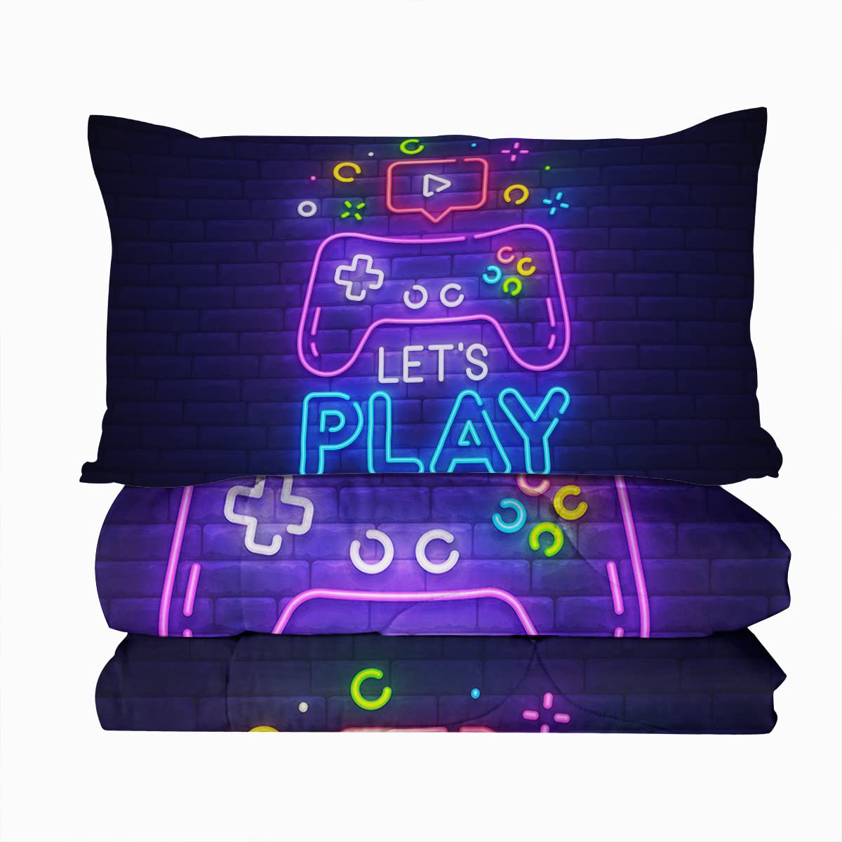 BlessLiving Gaming Comforter Set for Boys - Trippy Gamer Bedding with Comforter & Pillow Shams in Neon Purple/Blue - 3-Piece Video Game Controller Design for Kids & Teens (King Size) - Perfect for Gaming Rooms, Sleepovers & Teen Bedrooms