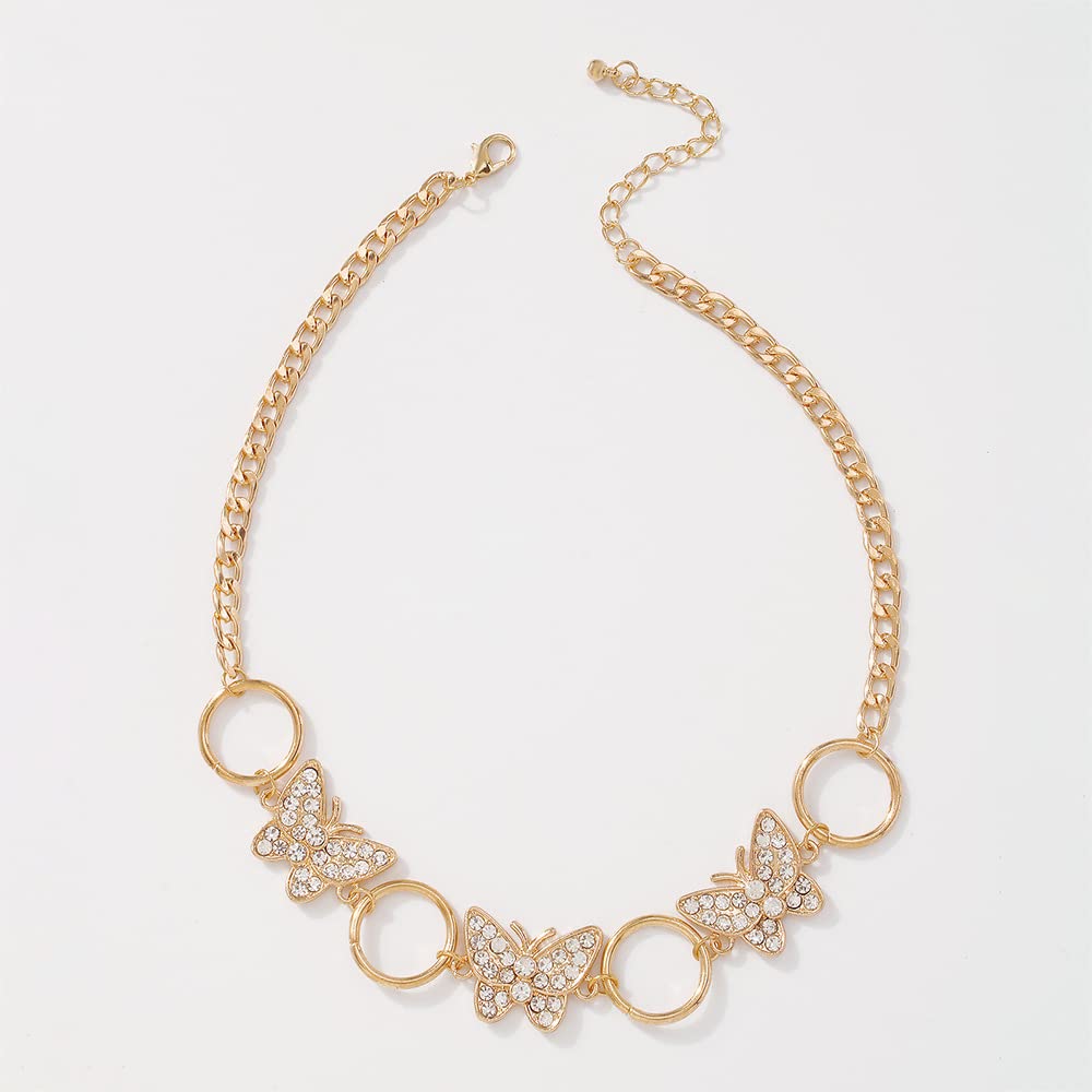 Sparkly Butterfly Crystal Choker Necklace - Gold Iced Collar Chain Circle Link Fashion Jewelry for Women | Perfect for Parties, Weddings & Date Nights