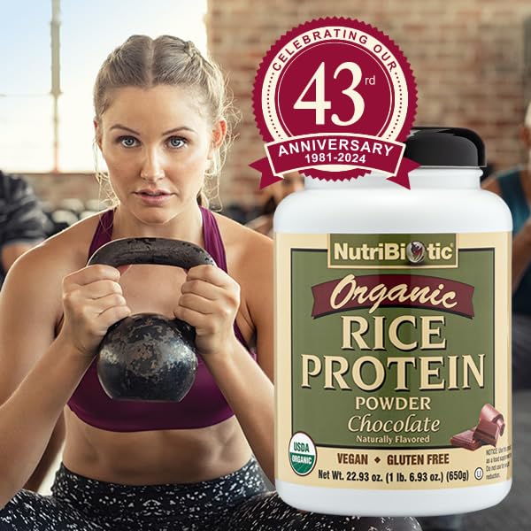 NutriBiotic Organic Rice Protein Powder Chocolate Flavor 22.9 oz | Vegan, Keto & Kosher Certified | Low Carb, Gluten-Free, Non-GMO Protein Supplement | Great for Smoothies, Baking & Post-Workout Recovery