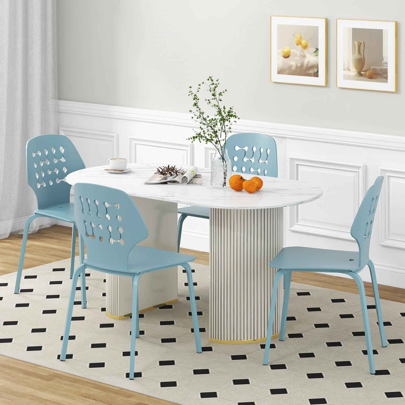 GOFLAME Armless Dining Chairs Set of 4 - Modern Hollow Backrest Metal Leg Accent Chairs for Kitchen, Dining & Living Room - Blue Velvet Upholstery - Perfect for Small Spaces & Contemporary Home Decor