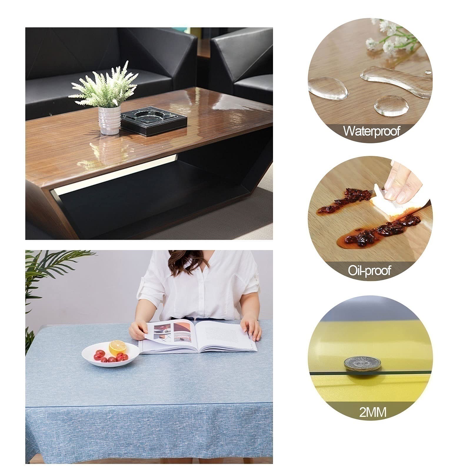 Clear Plastic Table Cover Protector - 2mm Thick Waterproof Dining Table Protector for Kitchen & Dining Room | Customizable Size | Wood Grain Design | Perfect for Family Meals, Parties & Daily Protection