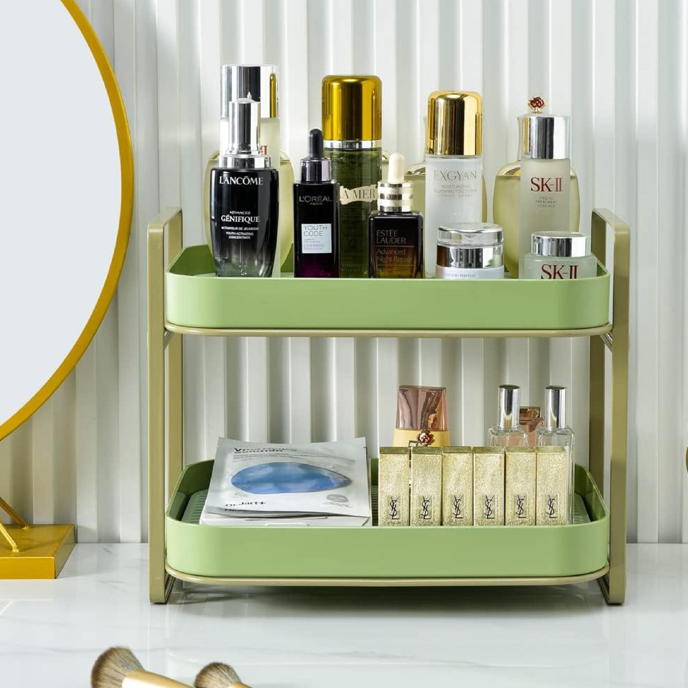 HomeStrap Plastic Double Drain Shelf Organizer | Space-Saving Cosmetic & Kitchen Organizer, Vegetable Drying Rack with Drain Tray - Perfect for Bathroom Countertops & Kitchen Sinks (Green)