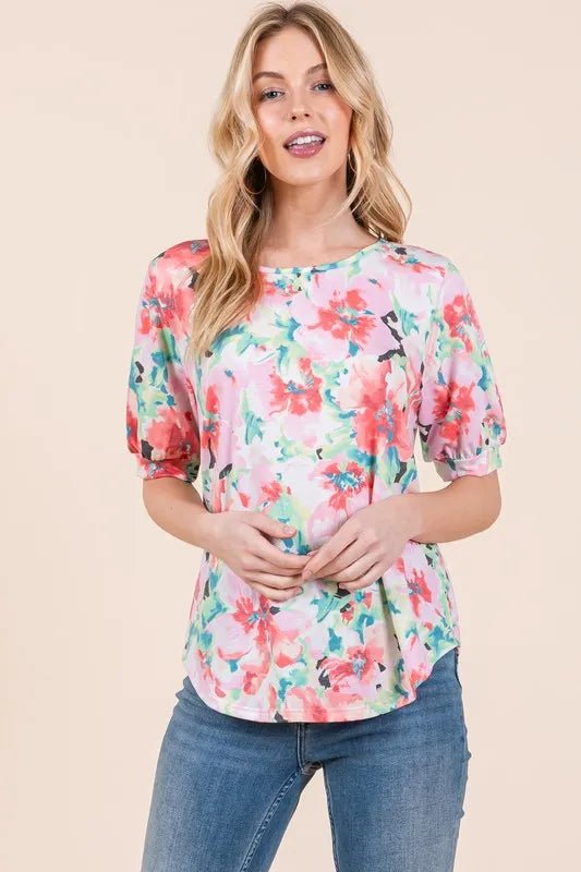 BOMBOM Women's Floral Print Round Neck Puff Sleeve Blouse - Casual Summer Tops for Date Night & Office Wear