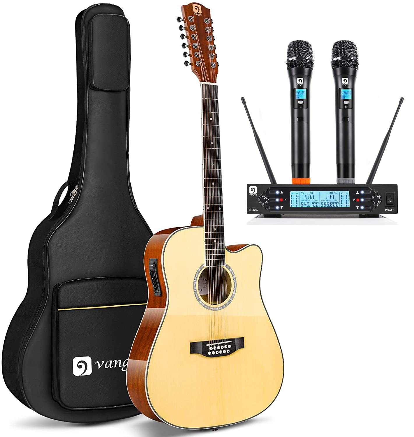 Vangoa 12 String Acoustic Guitar Natural Finish with Wireless Microphone System - Perfect for Live Performances, Gigs & Stage Shows