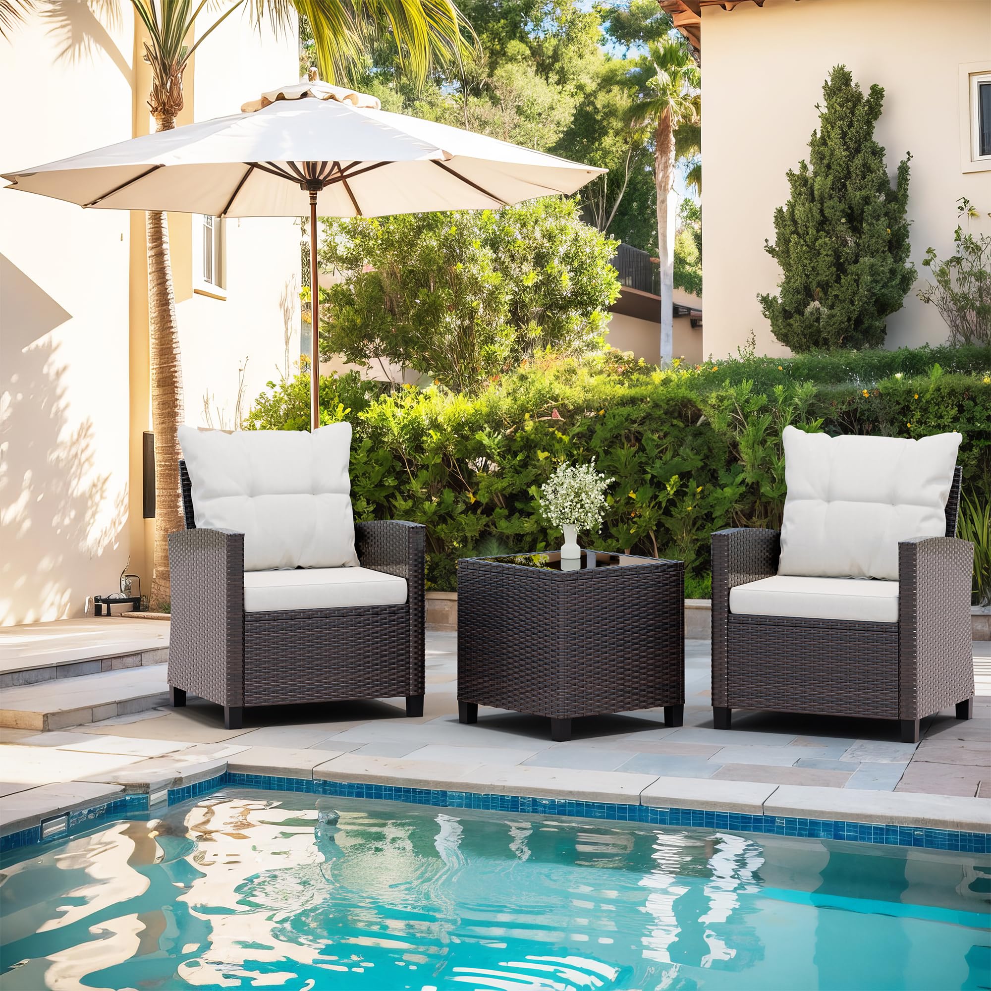 Vongrasig 3-Piece Outdoor Patio Furniture Set - Wicker Rattan Bistro Set with Cushioned Chairs & Glass Table for Porch, Garden, Backyard, Balcony, Poolside (Beige) | Perfect for Small Spaces, Relaxing Mornings & Outdoor Entertaining