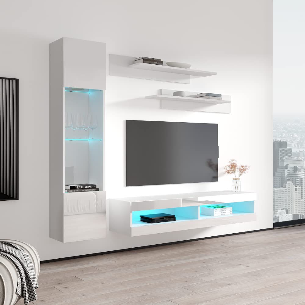 Modern White Wall-Mounted TV Stand with Storage Shelves & LED Lights - Floating Entertainment Center Console for Bedroom & Living Room - Perfect for Small Spaces & Home Theater Setup - Meble Furniture Fly G3 34TV Stand