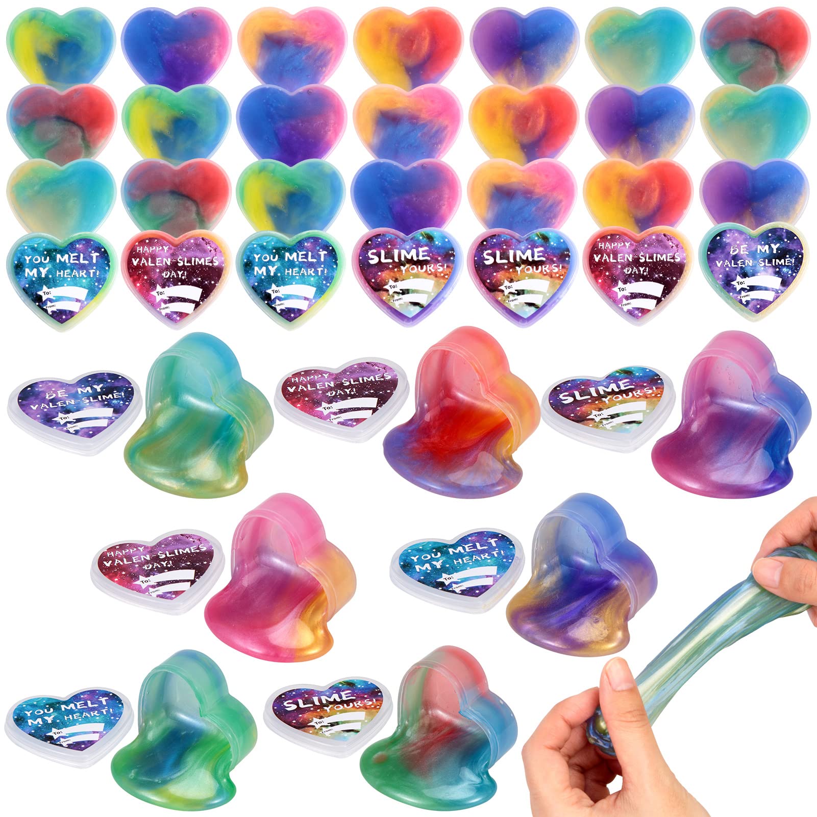 28-Pack Valentine's Day Galaxy Slime Hearts for Kids - Valentine's Party Favors with Greeting Cards - Perfect for Classroom Exchanges, Birthday Gifts & Sensory Play Activities
