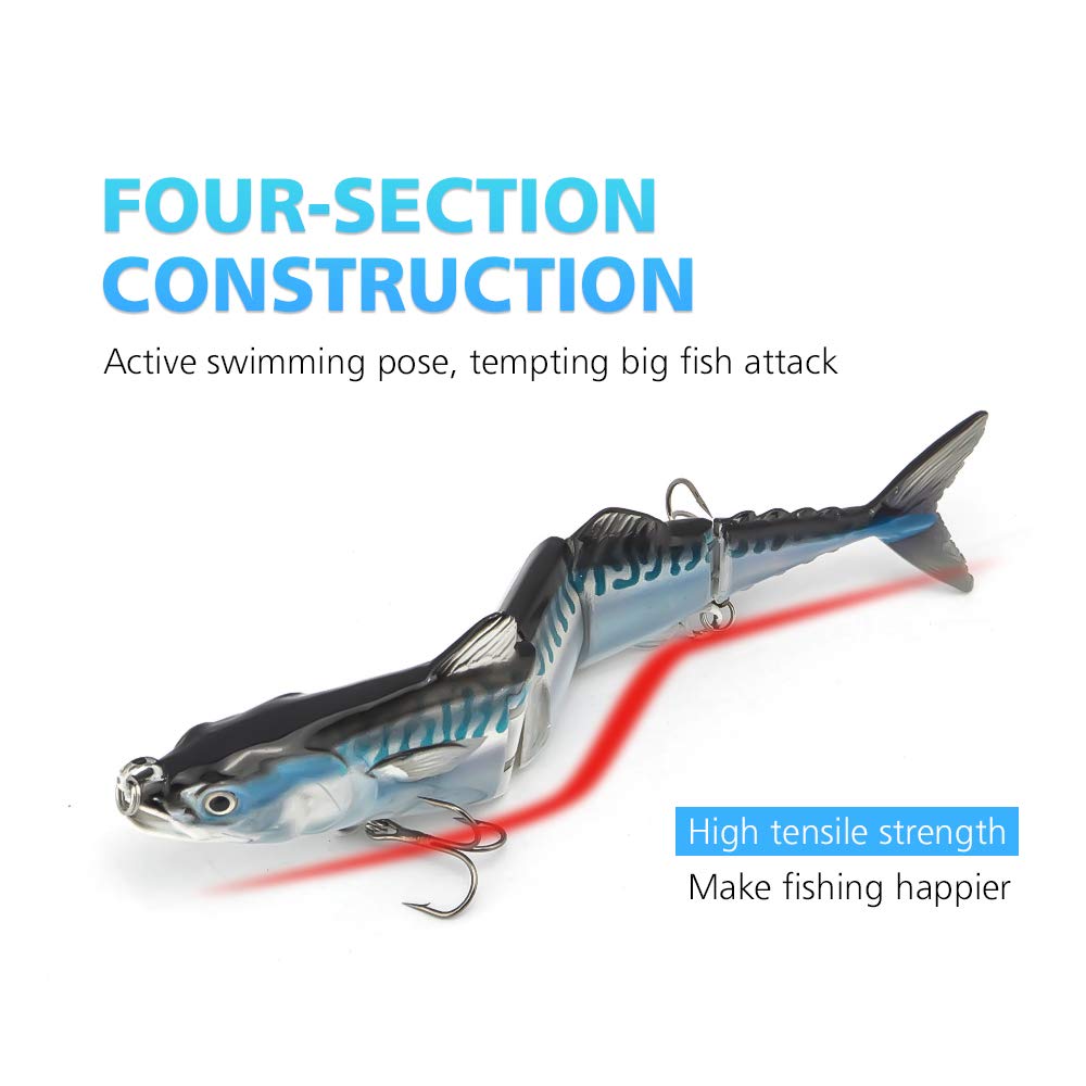 ODS Tuna Fishing Lure - 4 Segment Jointed Swimbait with Treble Hooks for Freshwater & Saltwater - Slow Sinking Bait for Bass, Walleye, and Saltwater Game Fish - Perfect for Deep Water Fishing and Trolling