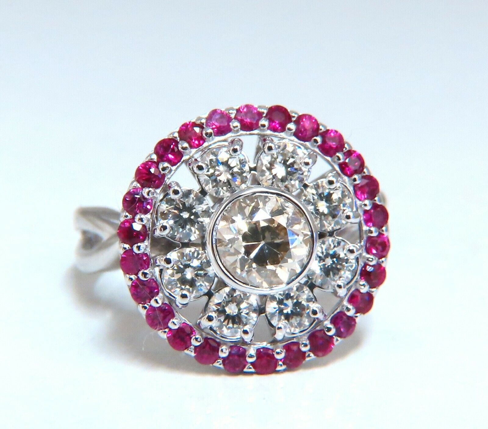 0.76ct Fancy Color Diamond & Ruby Cocktail Ring - 14k Gold Circular Cluster Halo Ballerina Ring for Women | Perfect for Evening Parties, Weddings & Special Occasions
