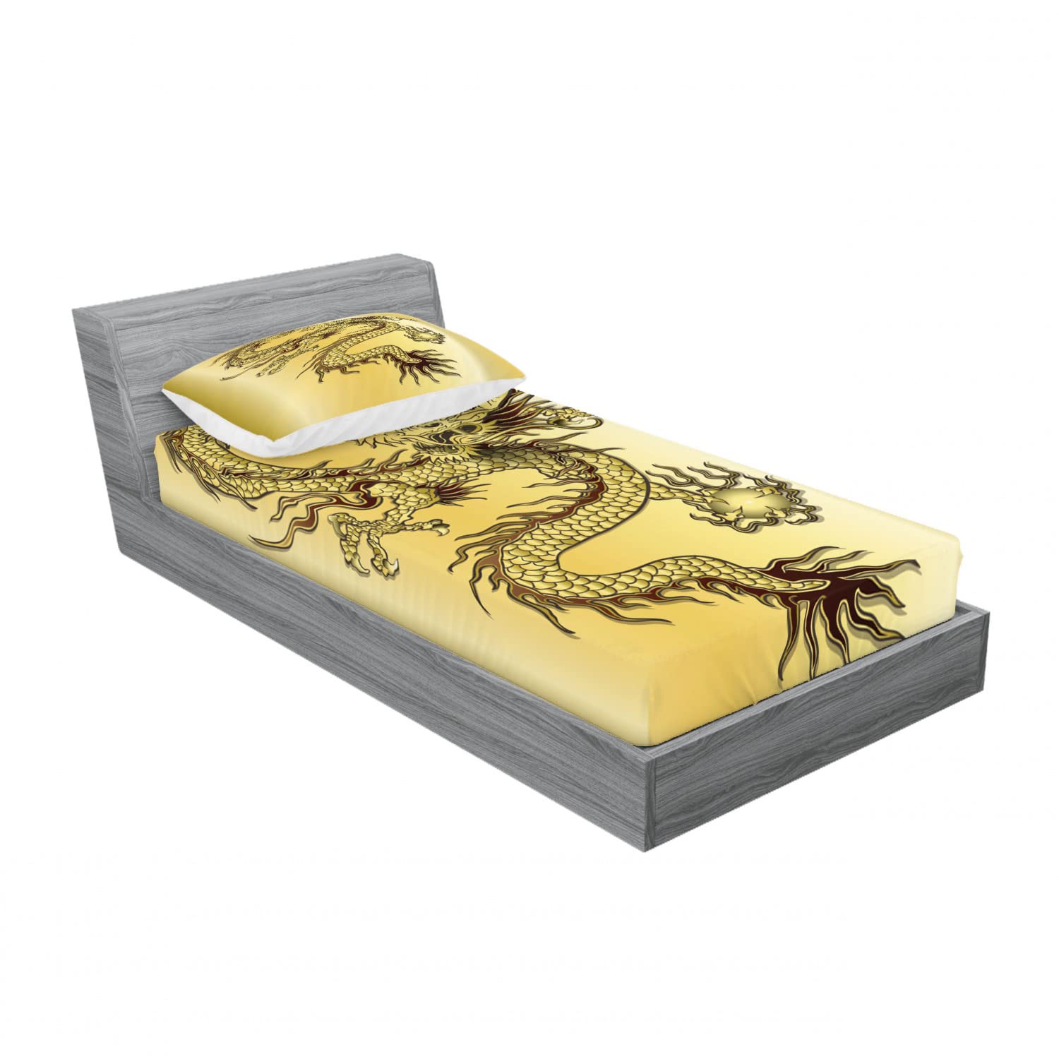 Ambesonne Dragon 2-Piece Twin Fitted Sheet & Pillow Sham Set - Chinese Eastern Myth Inspired Bedding Decor (Mustard & Black) - Perfect for Themed Bedrooms, Dorm Rooms, and Fantasy Home Decor