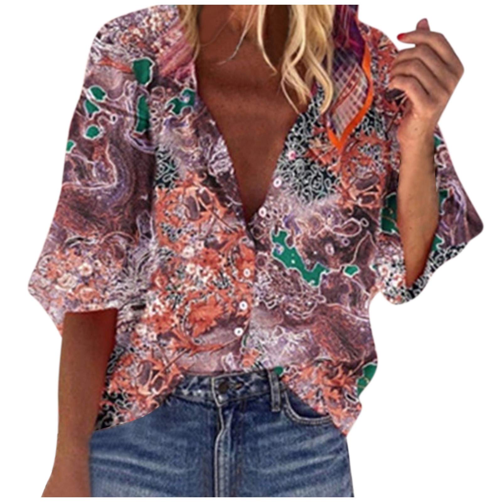 Women's Loose Fit Tie Front Button Down Shirt with Printed Long Sleeves - Summer Casual Tops for Everyday Wear, Office & Outdoor Activities