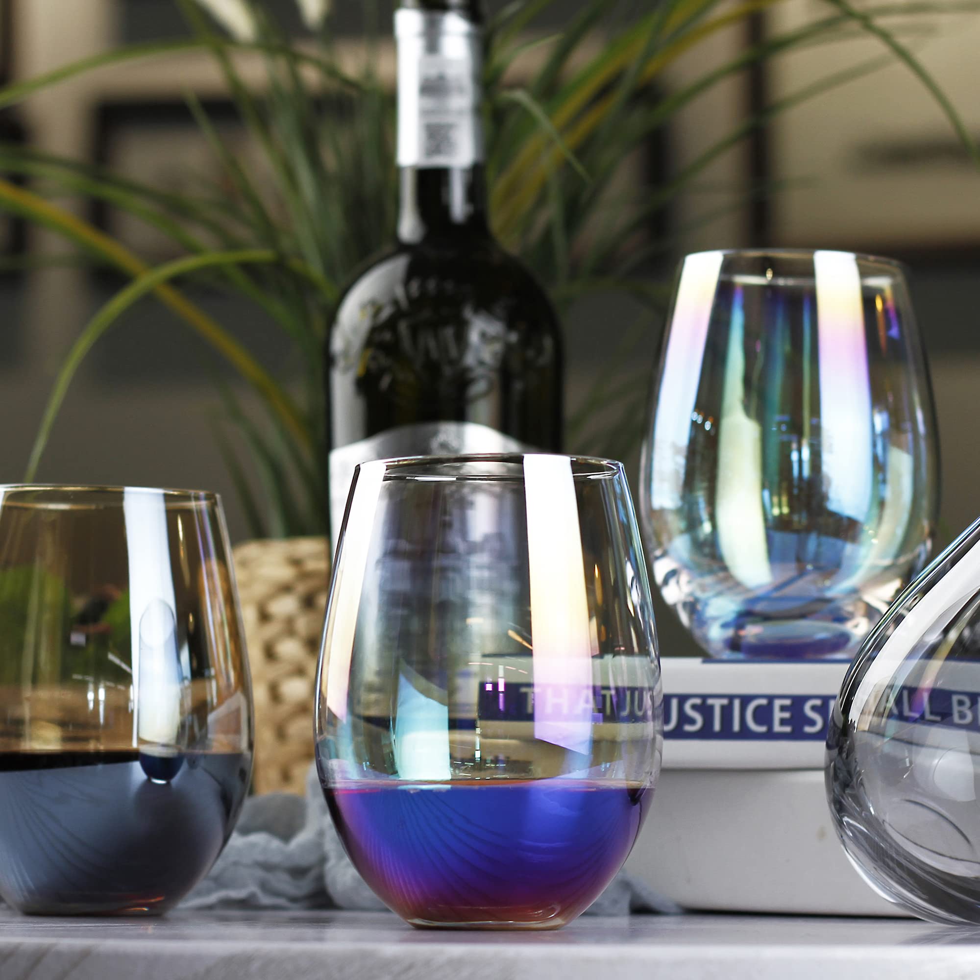 Rainbow Stemless Wine Glasses Set of 4 - 20oz Iridescent Drinking Cups for Red & White Wine, No Stem Tumblers, Elegant Beverage Glasses for Water, Juice, Cocktails - Perfect for Home, Bar, Parties, Weddings & Gift Giving
