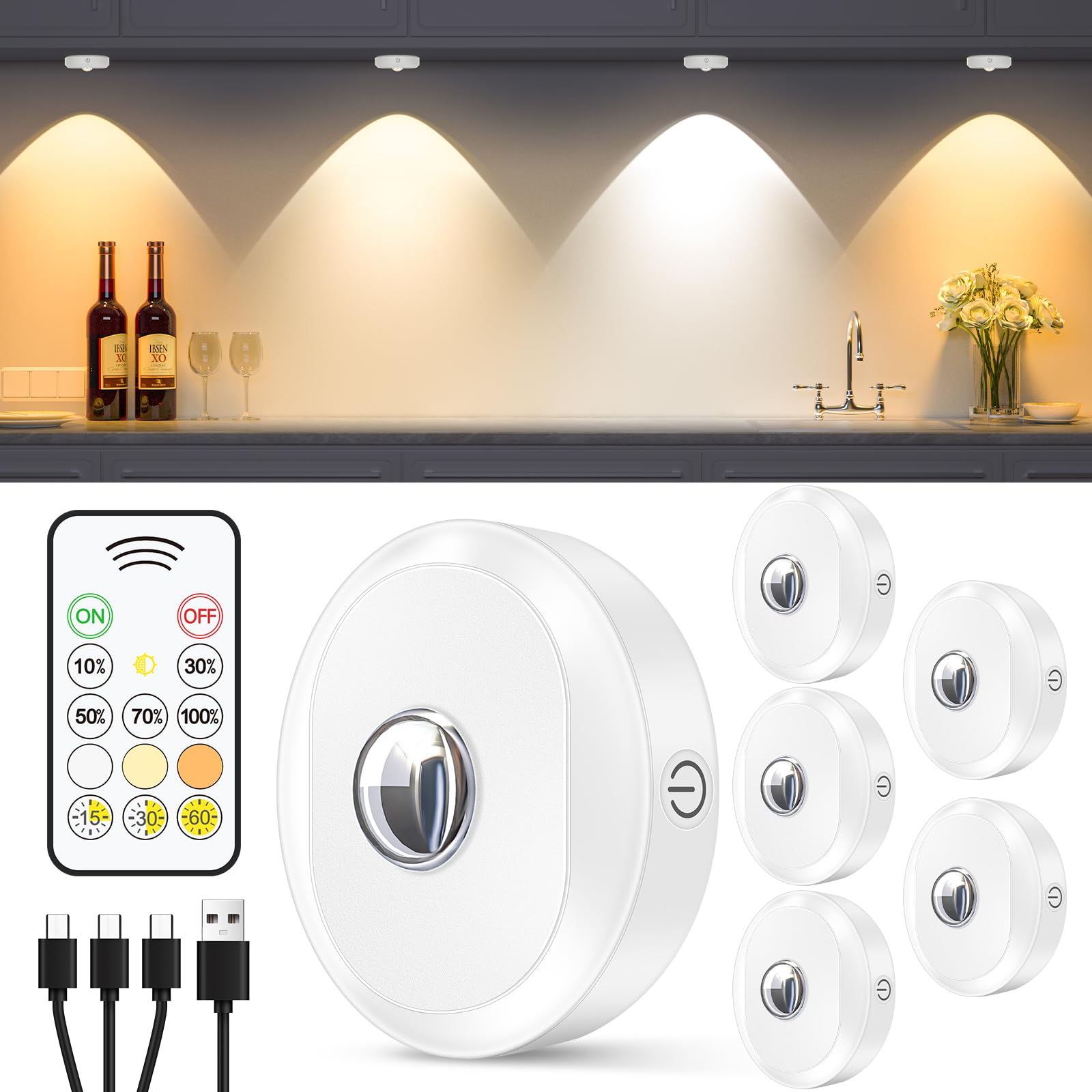 WILLED Rechargeable LED Puck Lights with Remote Control - 3 Color Temperatures, Timer & Dimmable Under Cabinet Lighting - 6 Pack for Kitchen, Closet, Shelf (Perfect for Nighttime Navigation & Accent Lighting)