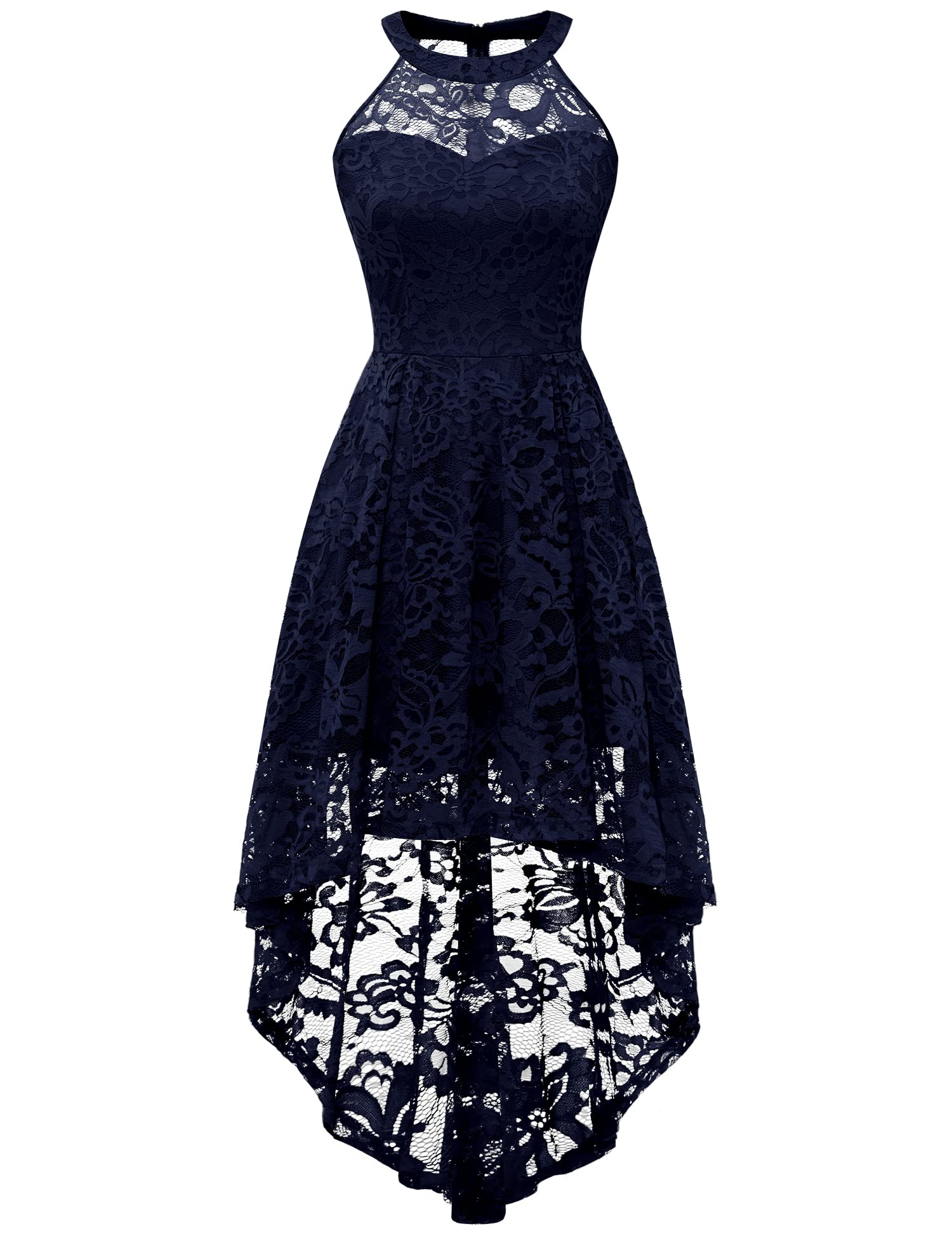 Elegant Women's Halter Lace Cocktail Dress for Wedding Guest & Bridesmaid - Hi-Lo Hem Sheer Neckline Party Gown | Perfect for Formal Events, Evening Parties & Special Occasions