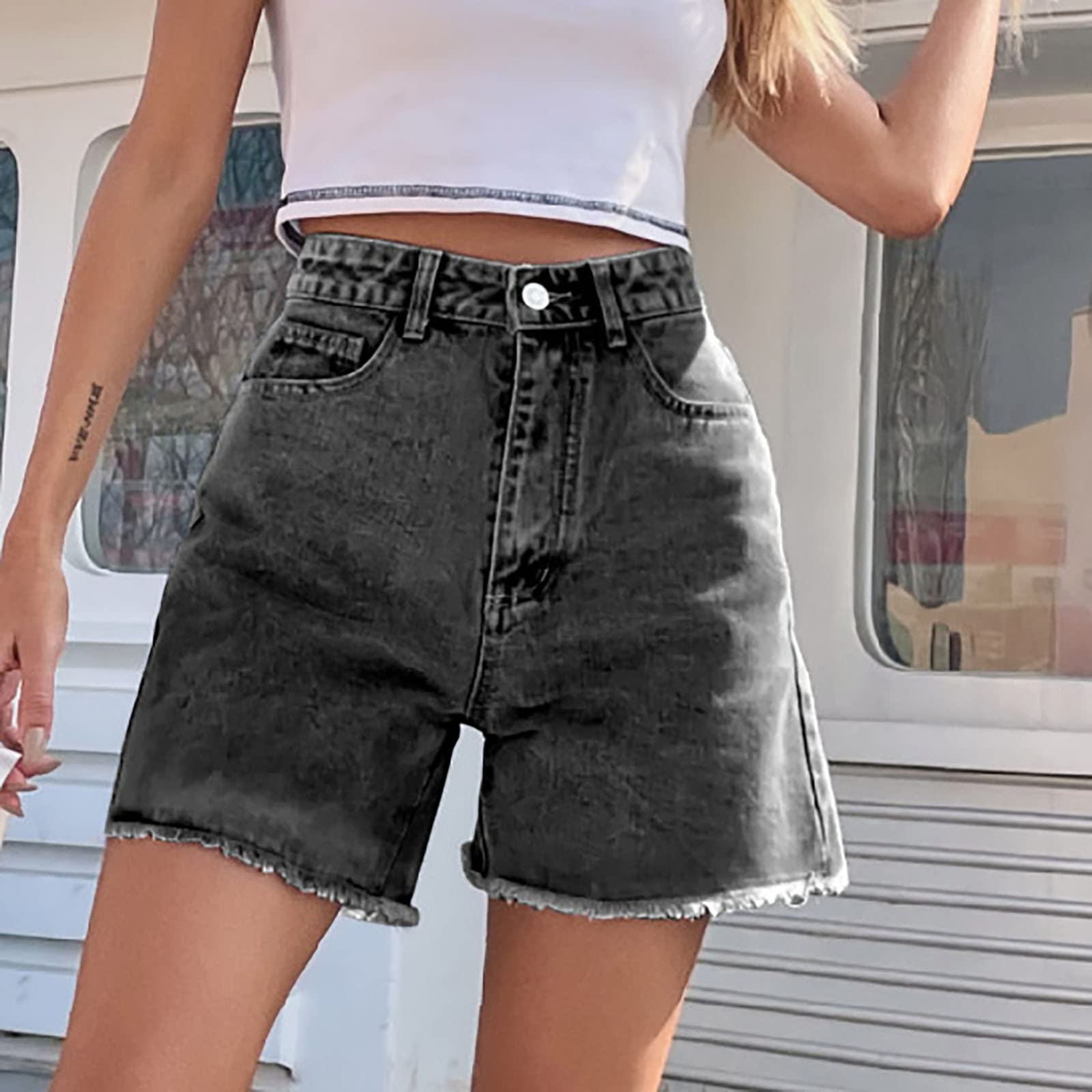 Women's High Waist Ripped Denim Shorts with Pockets - Casual Summer Outfit
