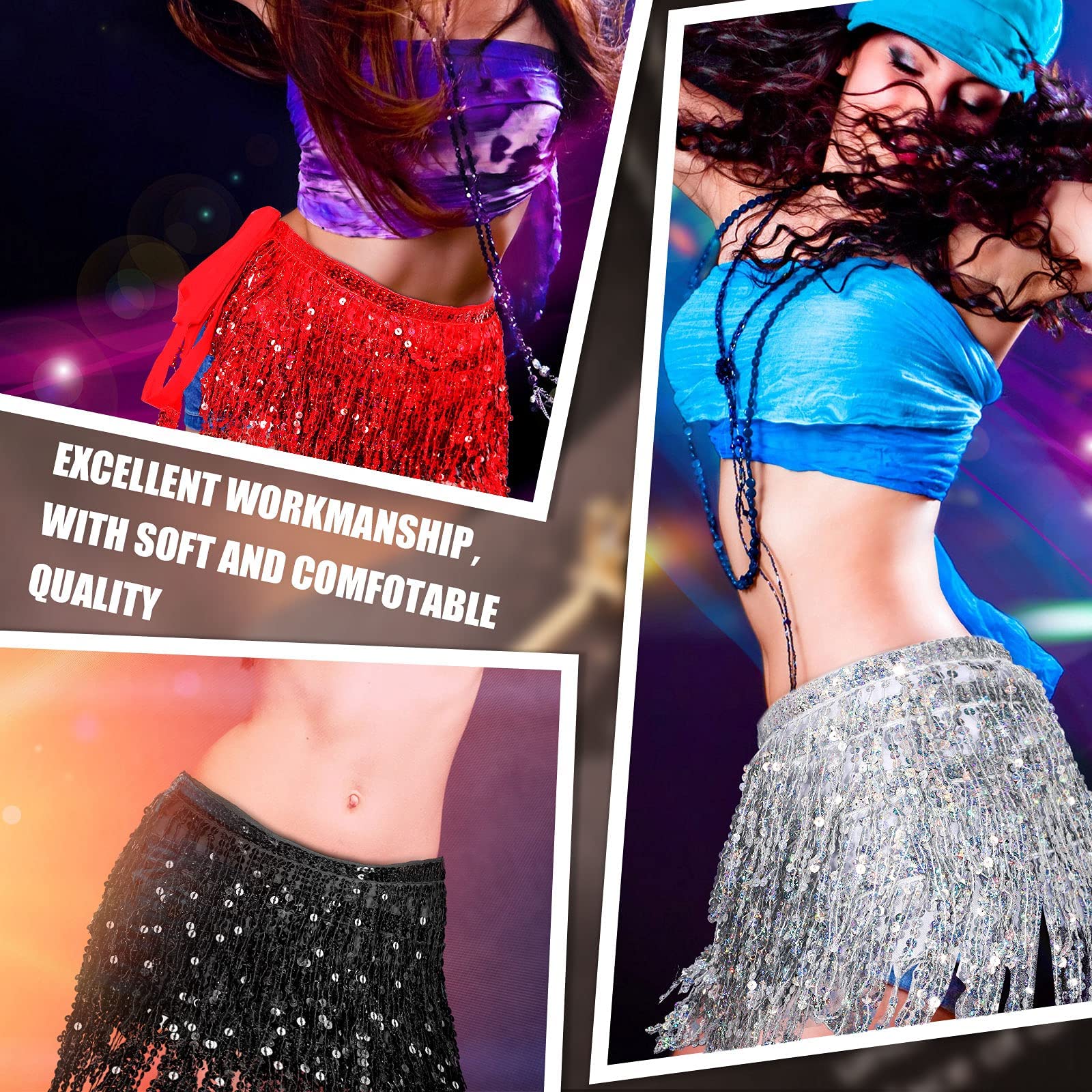 Women's Belly Dance Skirt with Sequins - Sparkly Tassel Fringe Skirt for Rave, Festival & Dance Performances | Hip Scarf for Belly Dancing & Costume Outfits