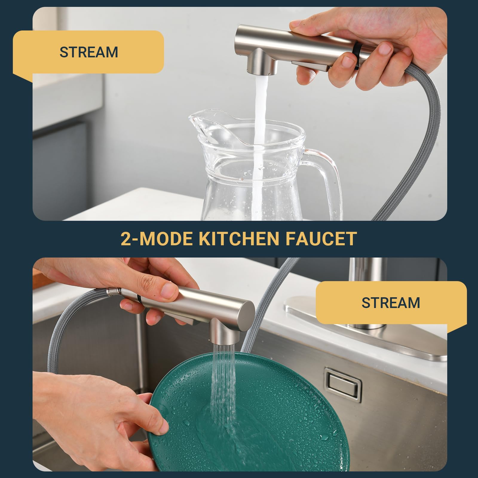 Brushed Nickel Kitchen Faucet with Pull Down Sprayer - 3 Function High Arc Stainless Steel Single Handle Sink Faucet with Deck Plate | Perfect for Modern Kitchen, Bar & Laundry Room Renovations