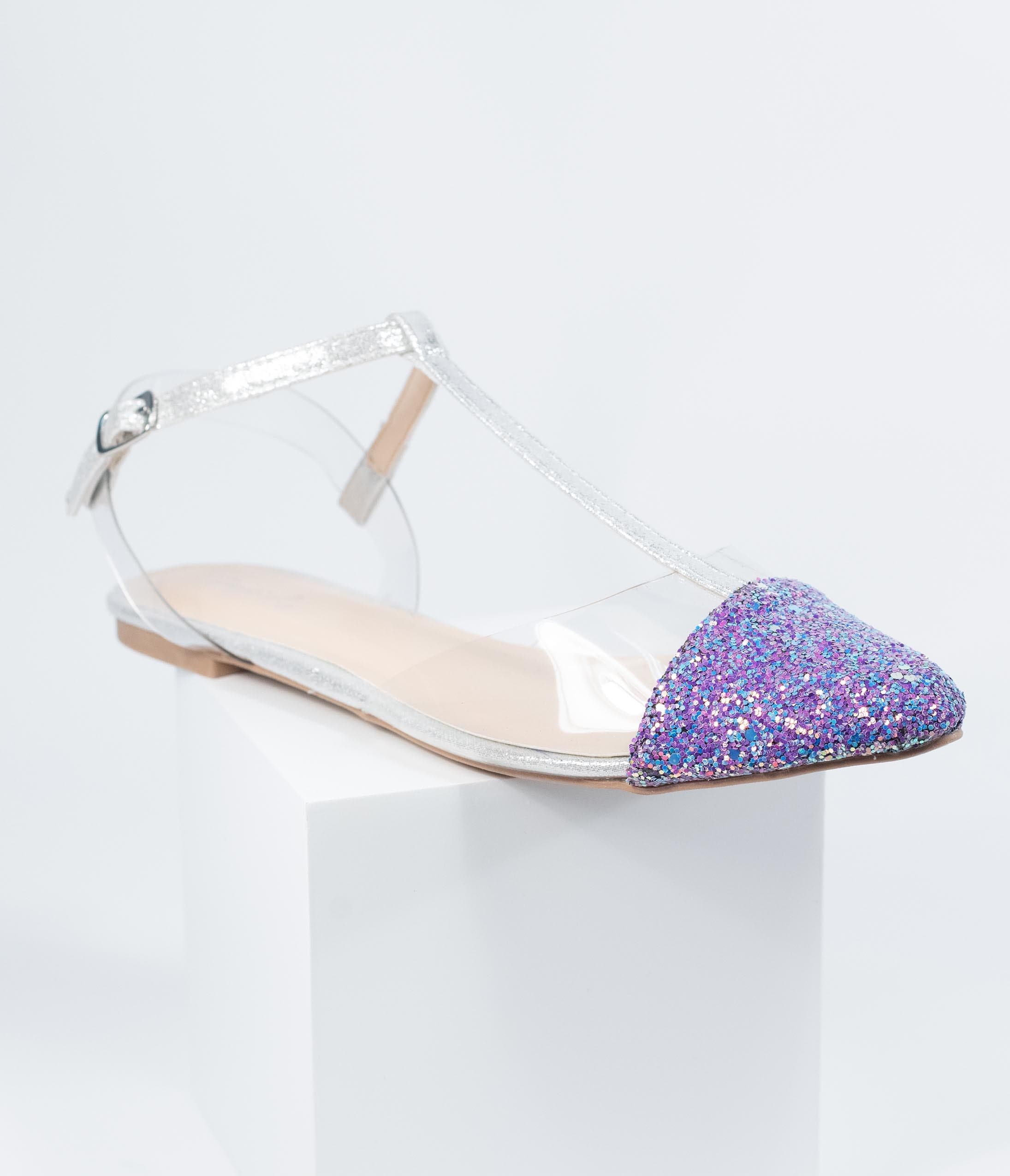 Lilac Purple Glitter & Clear Vinyl T-Strap Ballet Flats for Women - Comfortable Casual Shoes for Party, Wedding & Everyday Wear