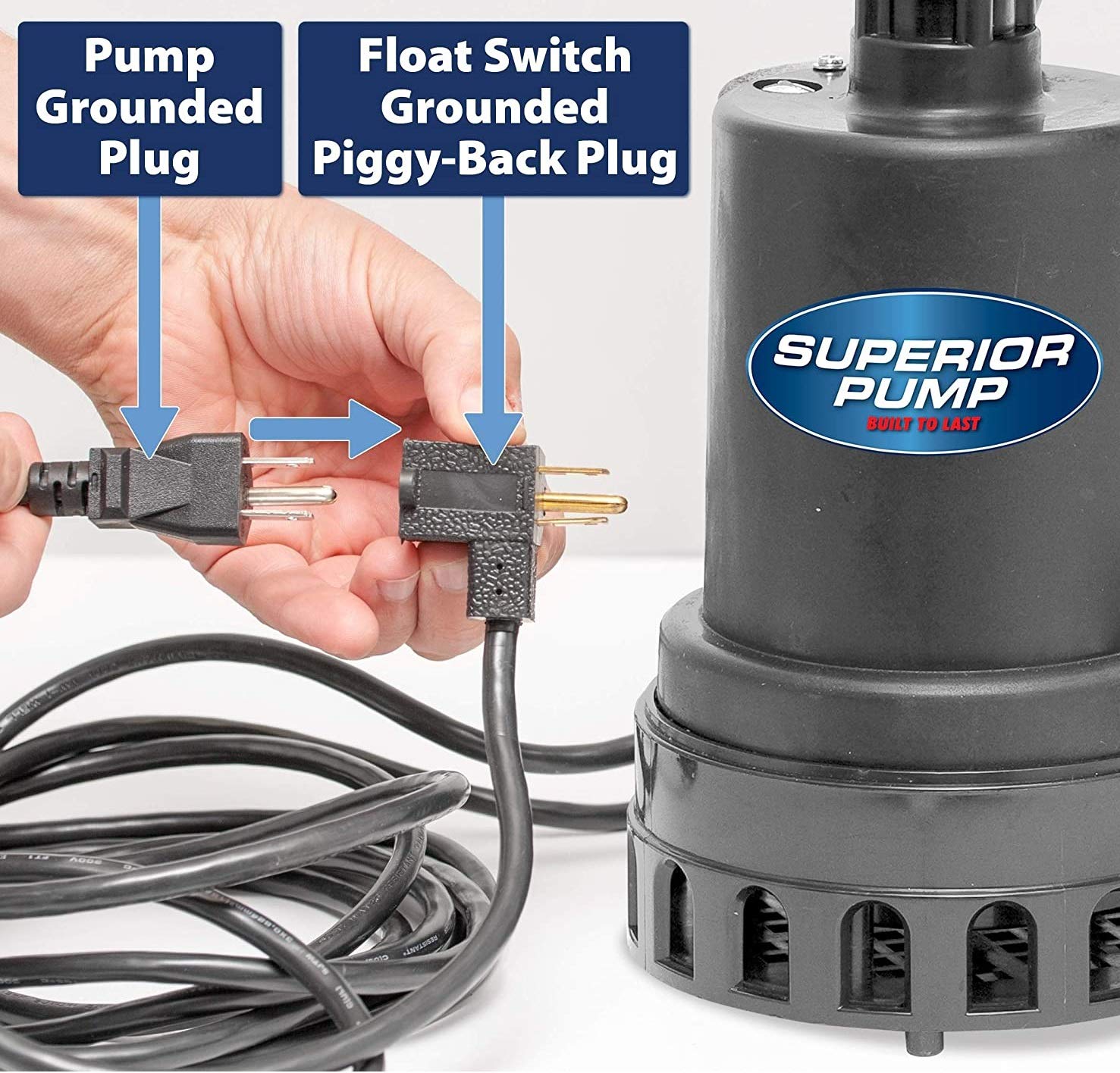 Superior Pump 92570 1/2 HP Thermoplastic Submersible Sump Pump with Tethered Float Switch - Heavy Duty Water Removal for Basements, Crawl Spaces & Flooded Areas